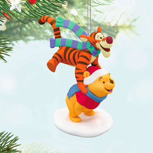 Disney Winnie the Pooh, Leapfrogging Friends — Hallmark Keepsake Christmas Ornament, featuring Tigger and Pooh, colourful, on snow base, festive design.