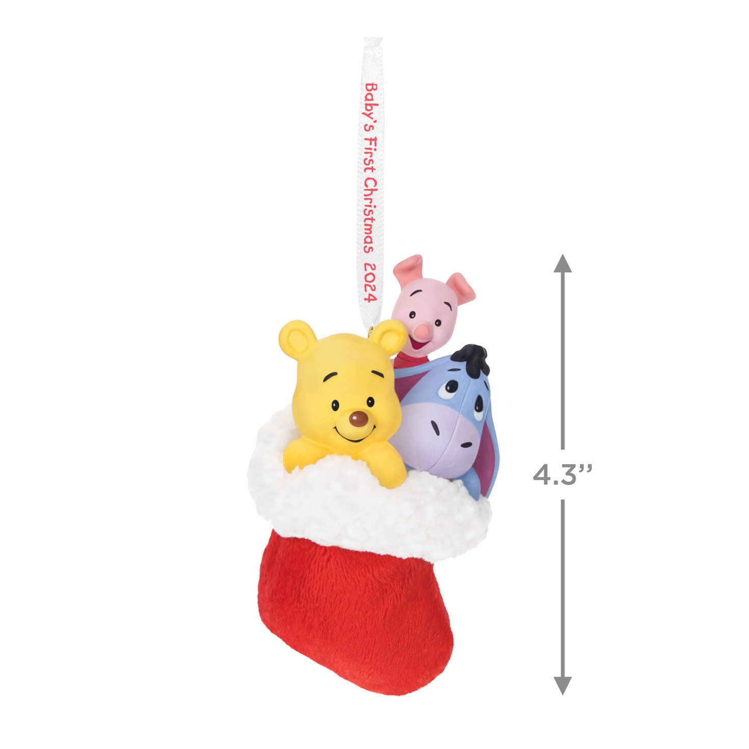 Disney Winnie the Pooh, A Snuggly First Christmas — Hallmark Keepsake Christmas Ornament featuring Pooh, Piglet and Eeyore in a festive stocking, 4.3" tall.