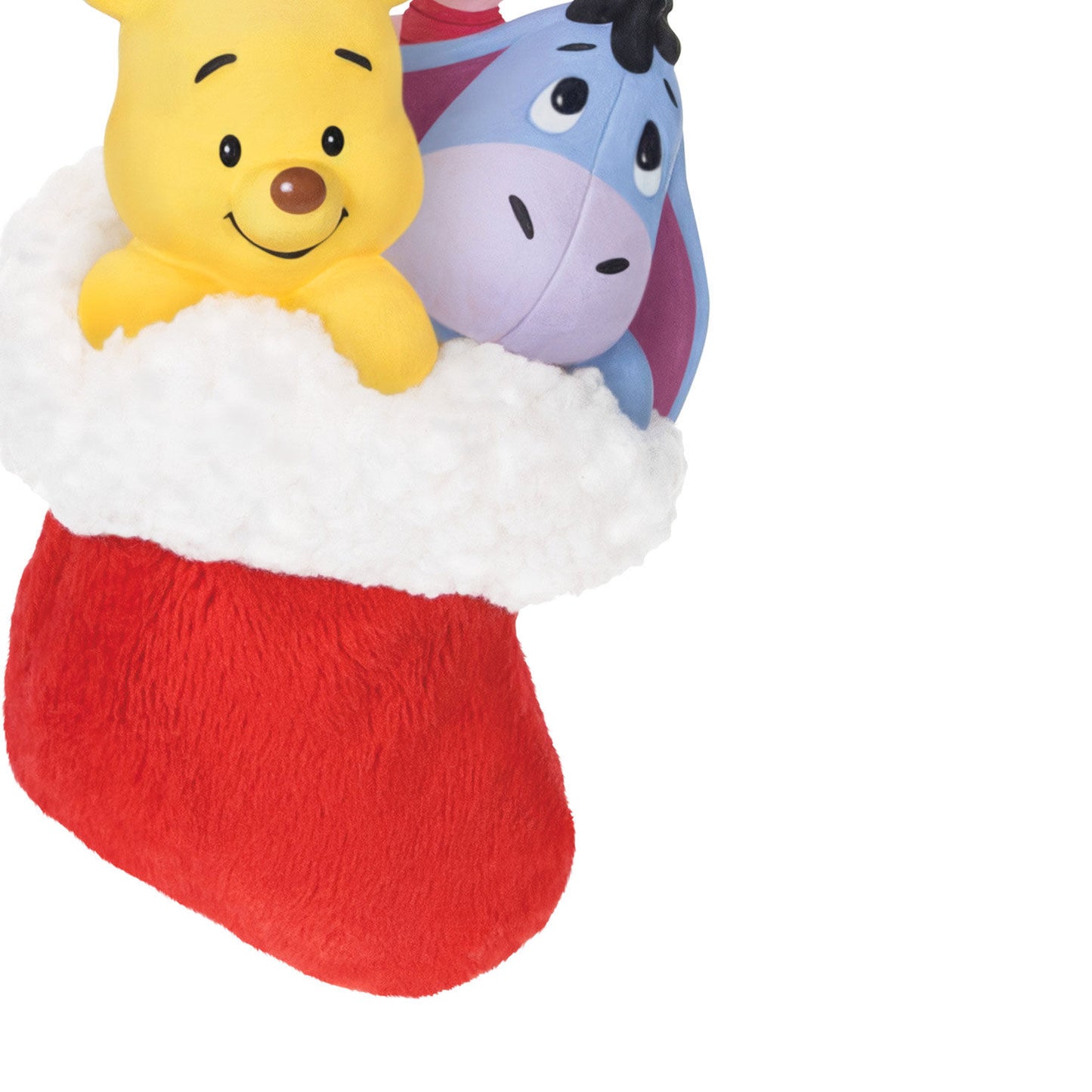 Disney Winnie the Pooh, A Snuggly First Christmas — Hallmark Keepsake Christmas Ornament of Pooh and Eeyore peeking from a fluffy red stocking.
