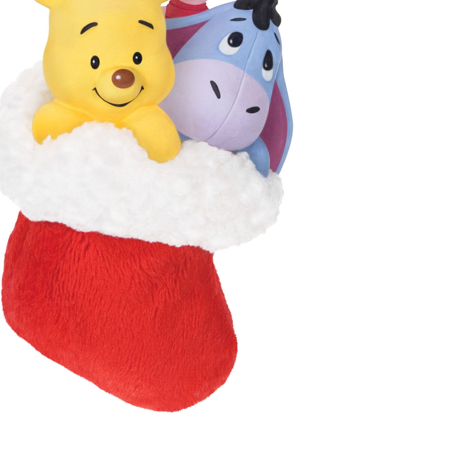 Disney Winnie the Pooh, A Snuggly First Christmas — Hallmark Keepsake Christmas Ornament of Pooh and Eeyore peeking from a fluffy red stocking.