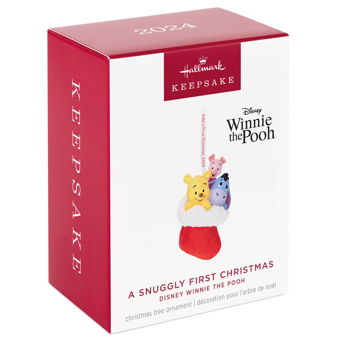 Disney Winnie the Pooh, A Snuggly First Christmas — Hallmark Keepsake Christmas Ornament gift box displaying Pooh, Piglet, and Eeyore in stocking design.