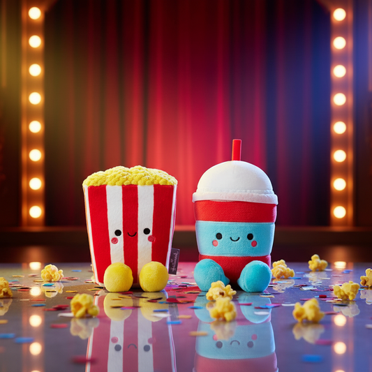 Popcorn and Slushie Magnetic Plush – Better Together in a vibrant scene with colourful confetti, showcasing the adorable plush pair.