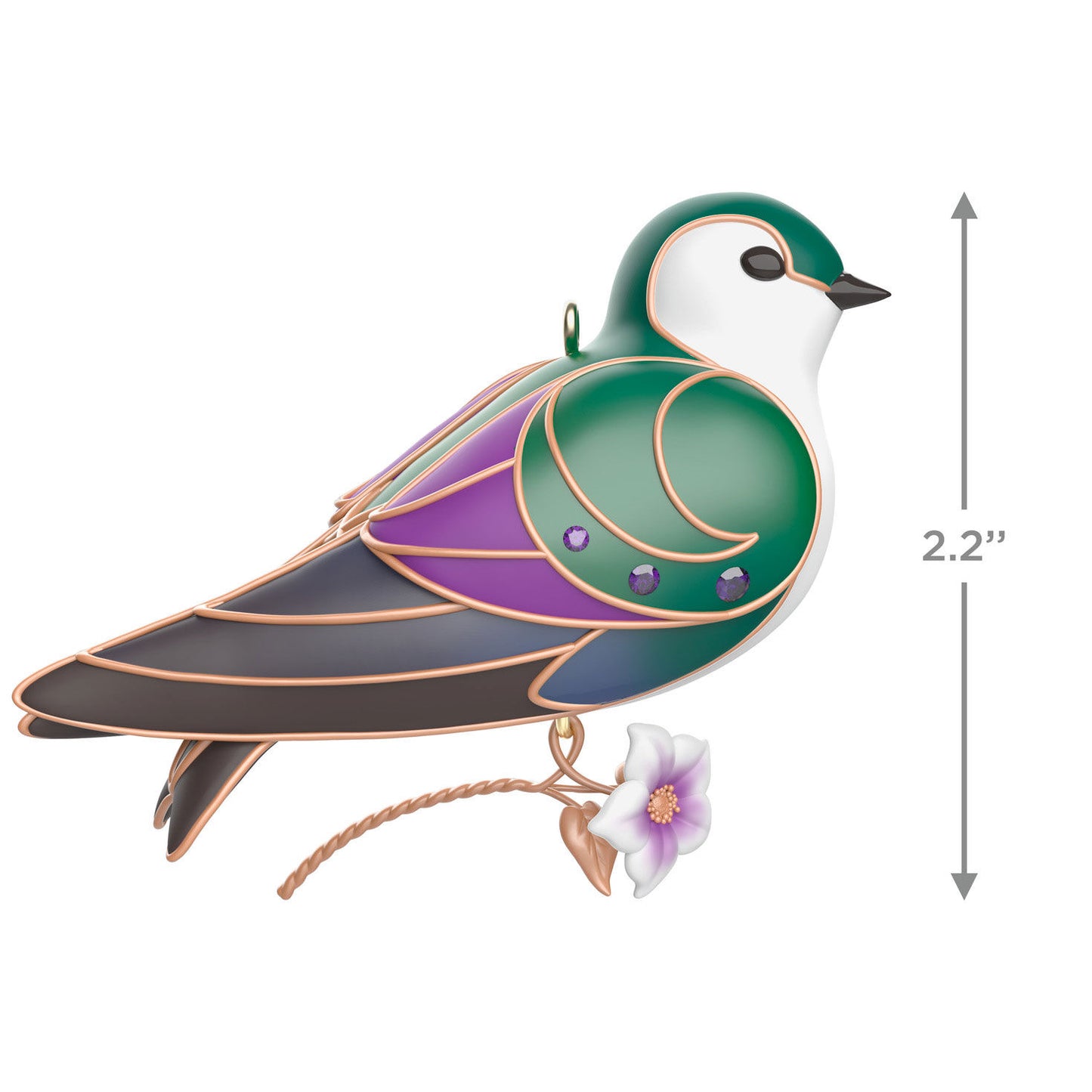 The Beauty of Birds, Violet-Green Swallow — Hallmark Keepsake Christmas Ornament, plastic ornament with gem details, angled view.