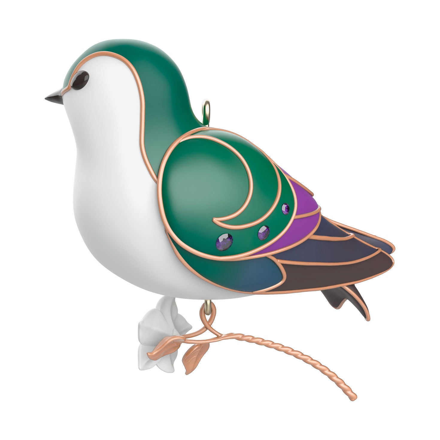 The Beauty of Birds, Violet-Green Swallow — Hallmark Keepsake Christmas Ornament in vibrant colours with gem details and flower stem.