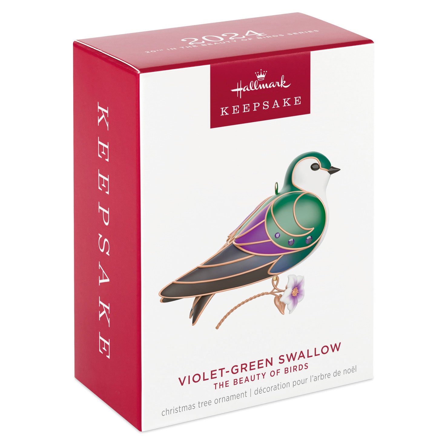 The Beauty of Birds, Violet-Green Swallow — Hallmark Keepsake Christmas Ornament in decorative gift box with vibrant colours and flower detail.