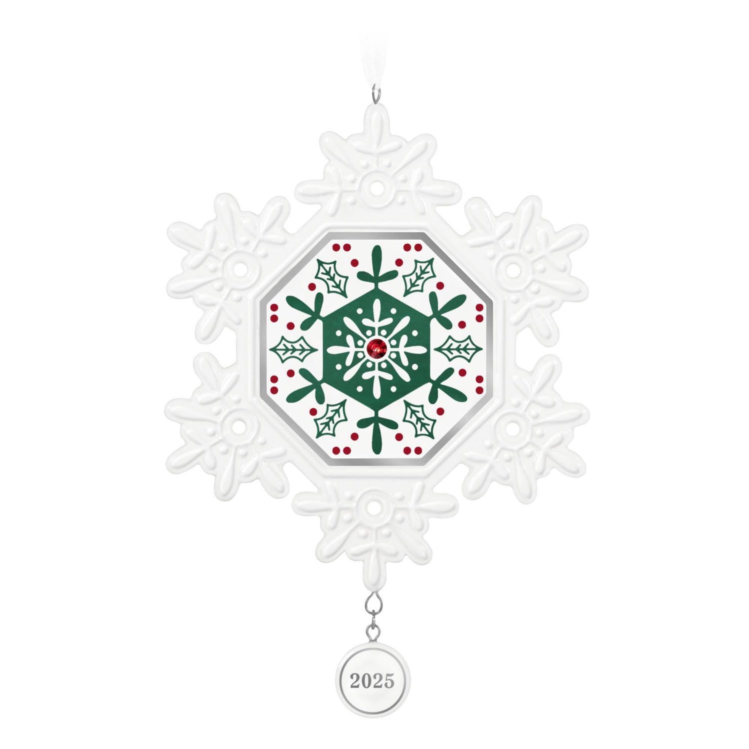 2025 Snowflake — Hallmark Keepsake Christmas Ornament, porcelain, white with red and green accents, featuring detailed craftsmanship.