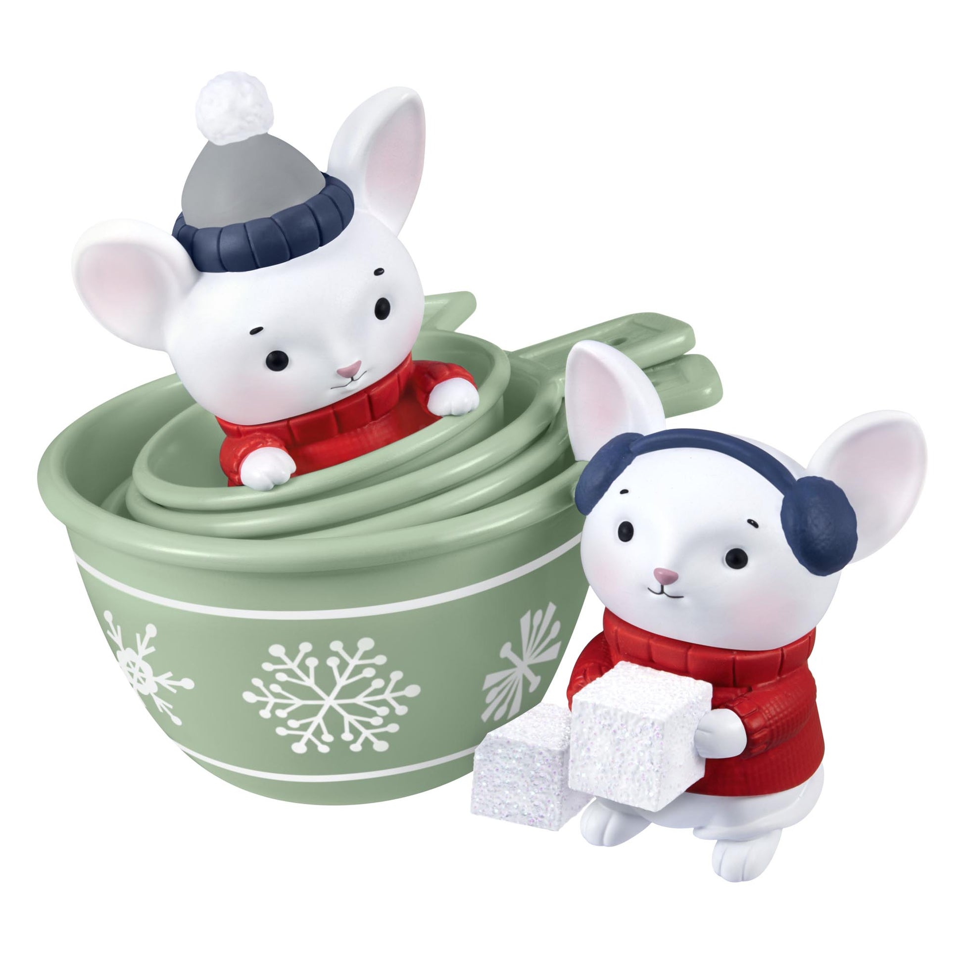 Merry Mice — 2025 Hallmark Keepsake Christmas Ornament with two mice in festive sweaters and measuring cups, close up view.