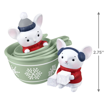 Merry Mice — 2025 Hallmark Keepsake Christmas Ornament with two mice in red sweaters and measuring cups featuring snowflakes, close up view.