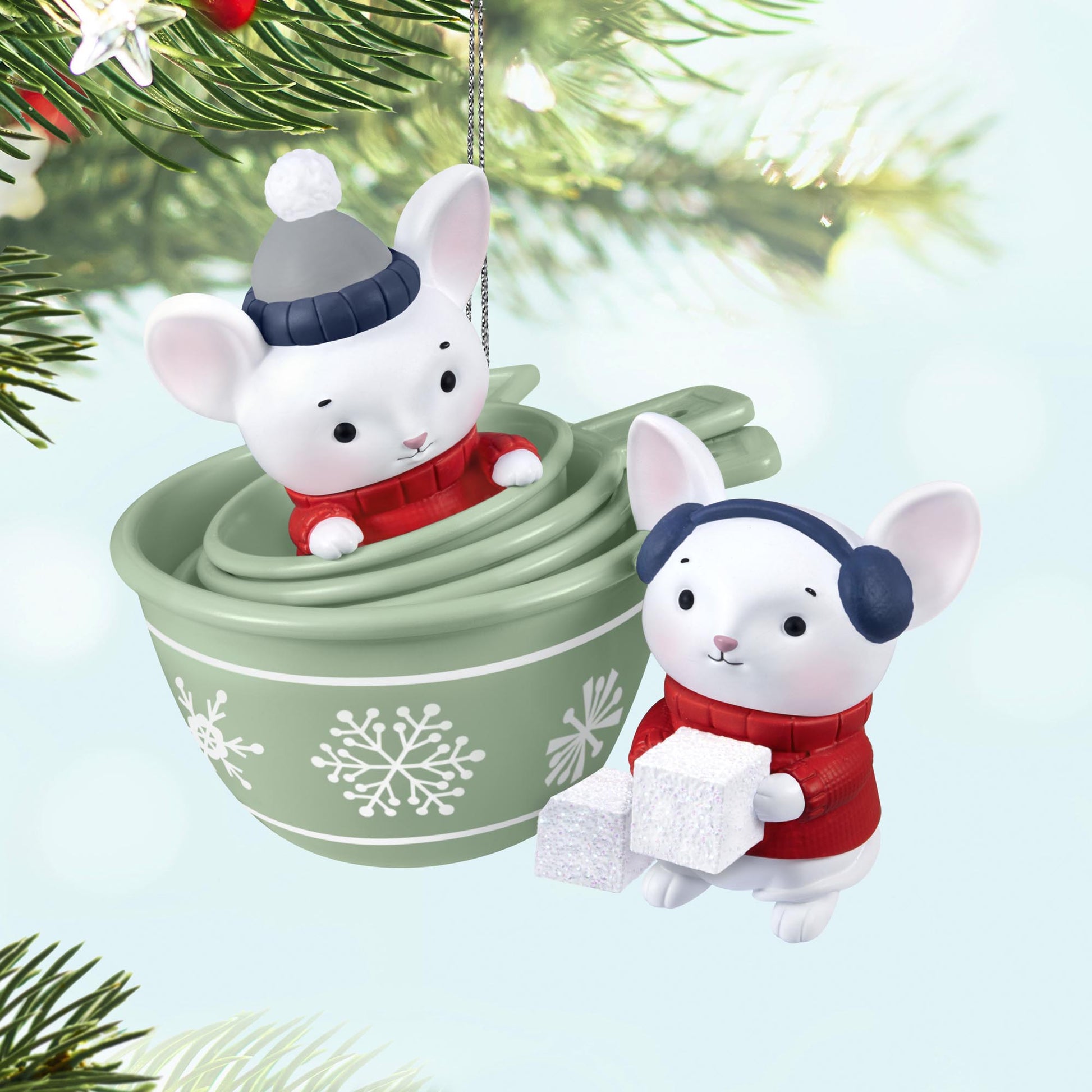 Merry Mice — 2025 Hallmark Keepsake Christmas Ornament, two festive mice, one in a measuring cup, detailed snowflake design