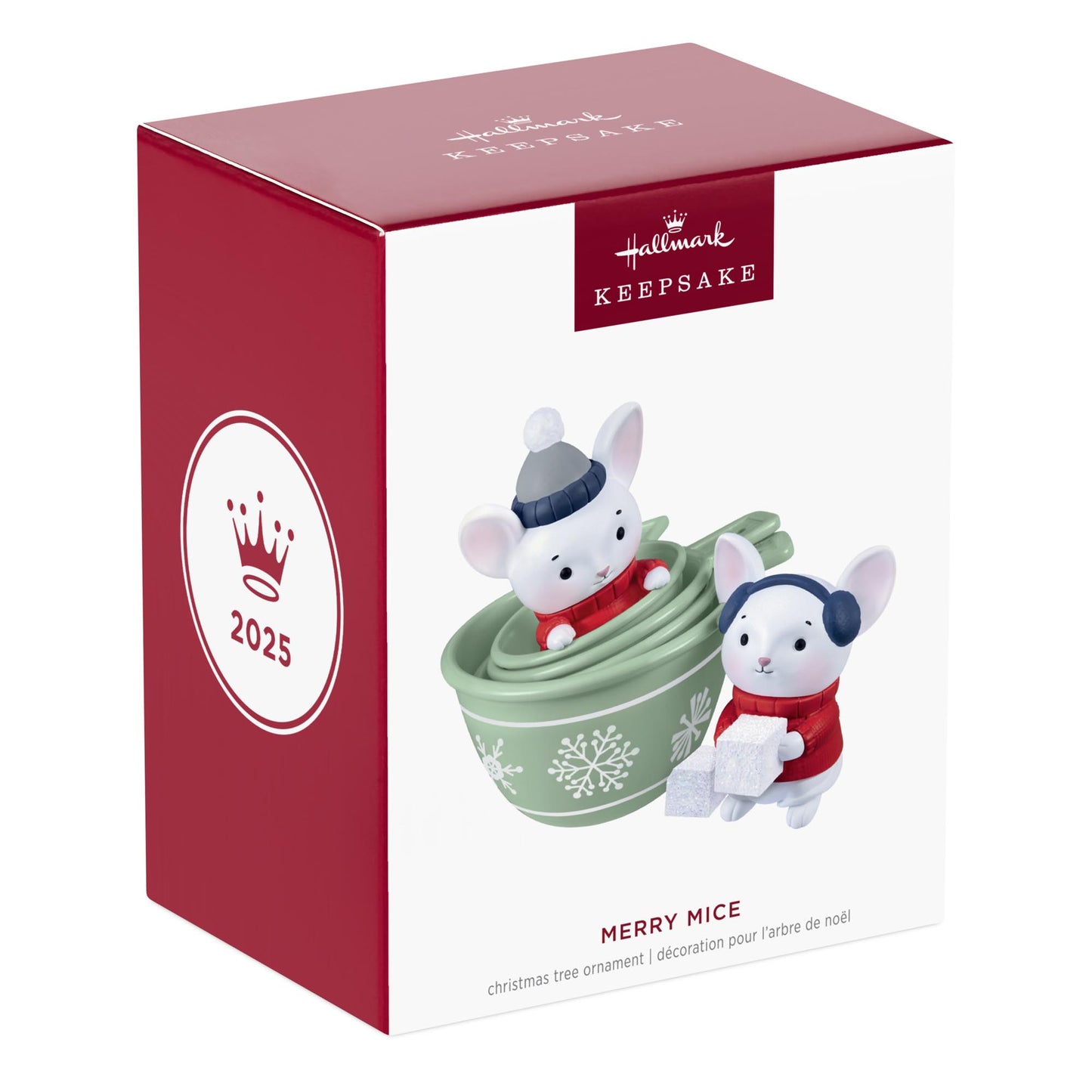Merry Mice — 2025 Hallmark Keepsake Christmas Ornament in gift box, featuring two mice in festive sweaters and measuring cups.