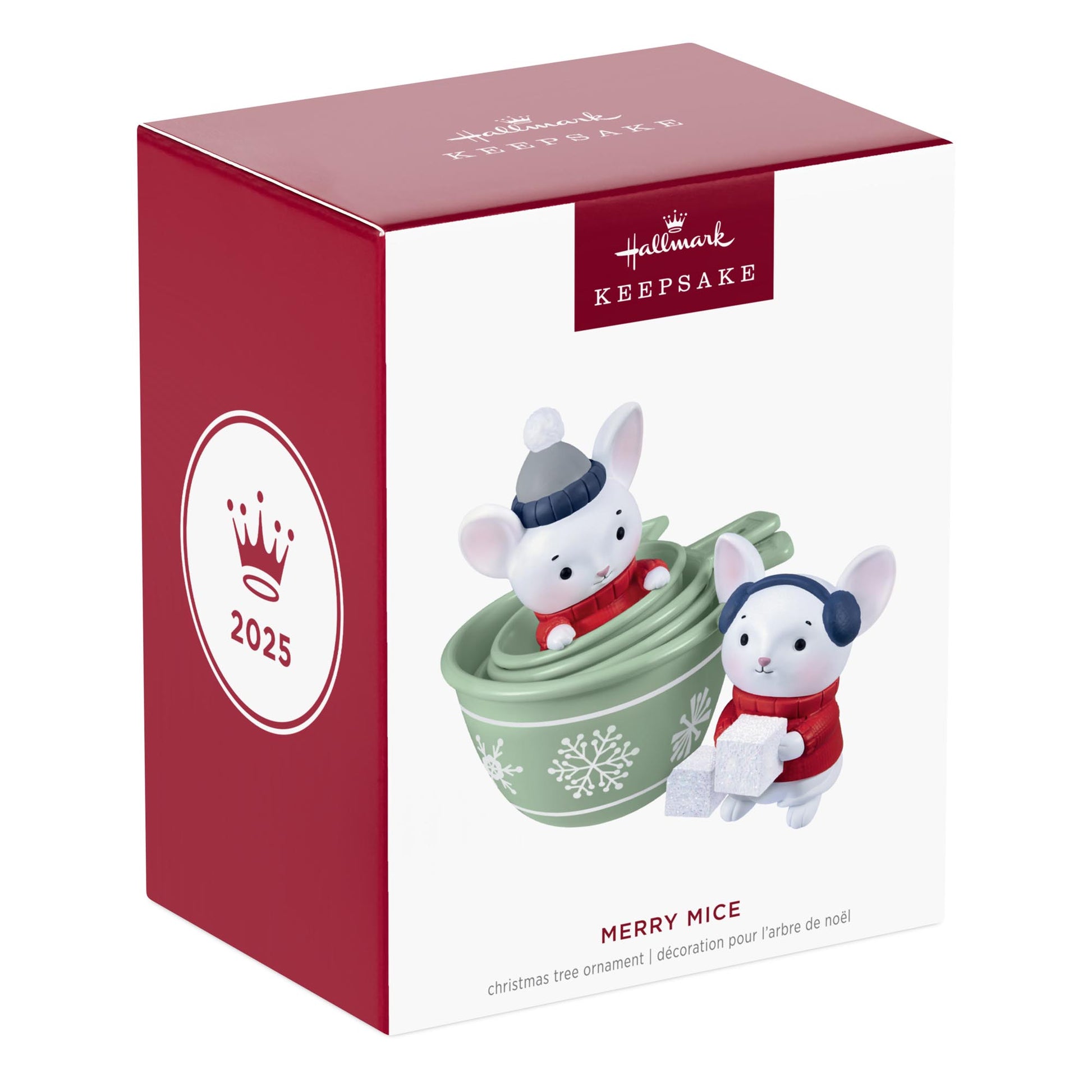 Merry Mice — 2025 Hallmark Keepsake Christmas Ornament in gift box, featuring two mice in festive sweaters and measuring cups.