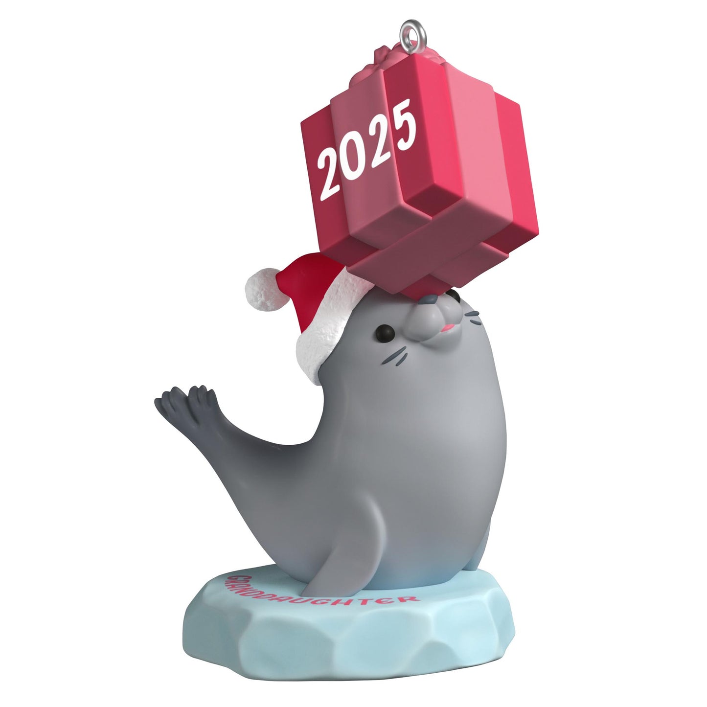 Granddaughter — 2025 Hallmark Keepsake Christmas Ornament, cute grey seal wearing Santa hat, balancing pink gift, detailed design.