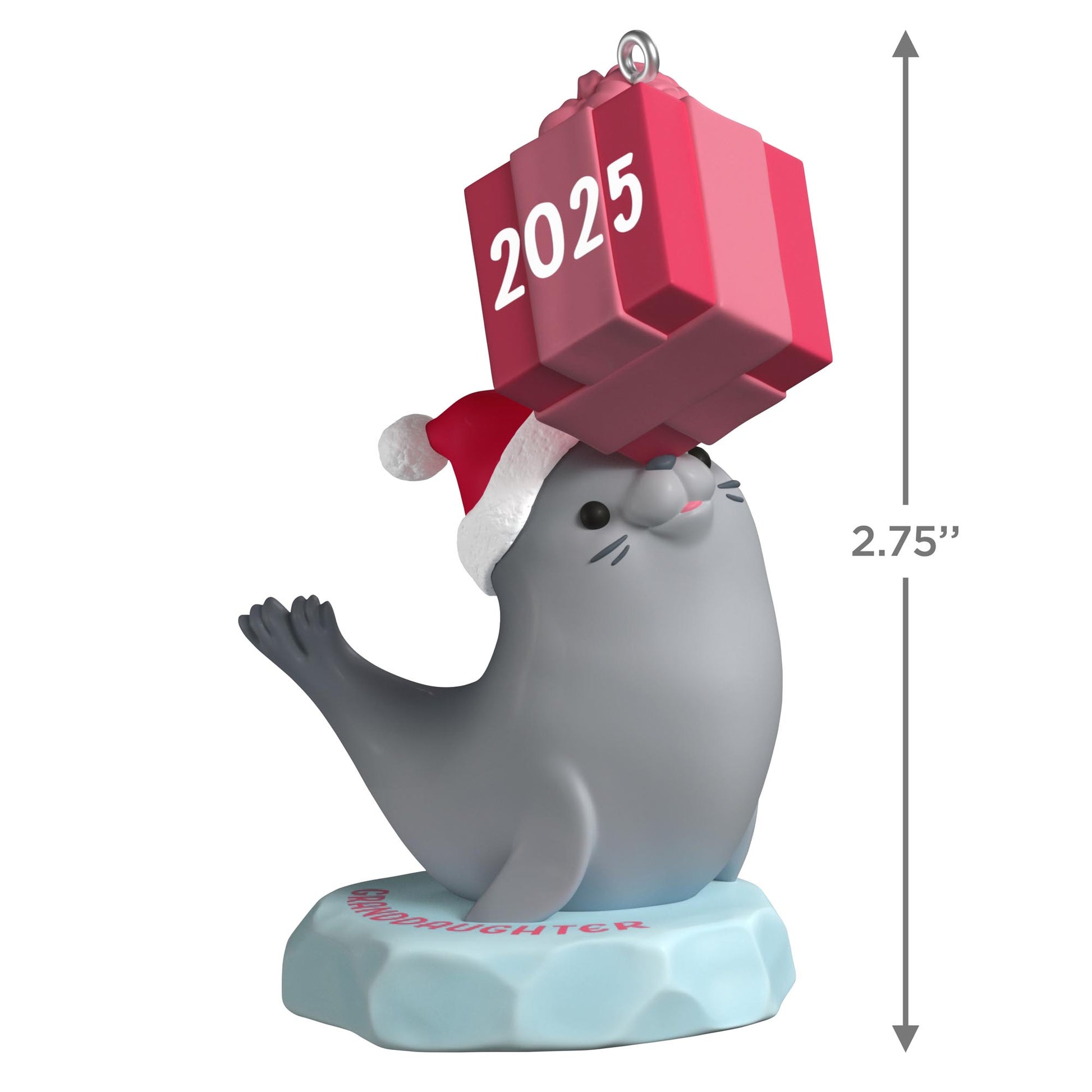 Granddaughter — 2025 Hallmark Keepsake Christmas Ornament, grey seal in Santa hat balancing pink gift, 6.98 cm tall