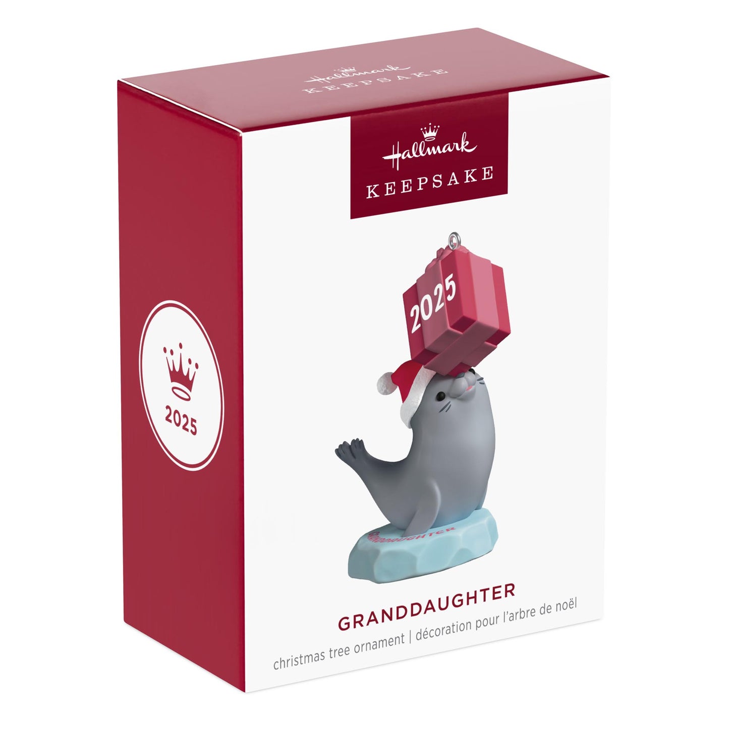 Granddaughter — 2025 Hallmark Keepsake Christmas Ornament, decorative gift box featuring a grey seal, vibrant colours, and year-dated design.