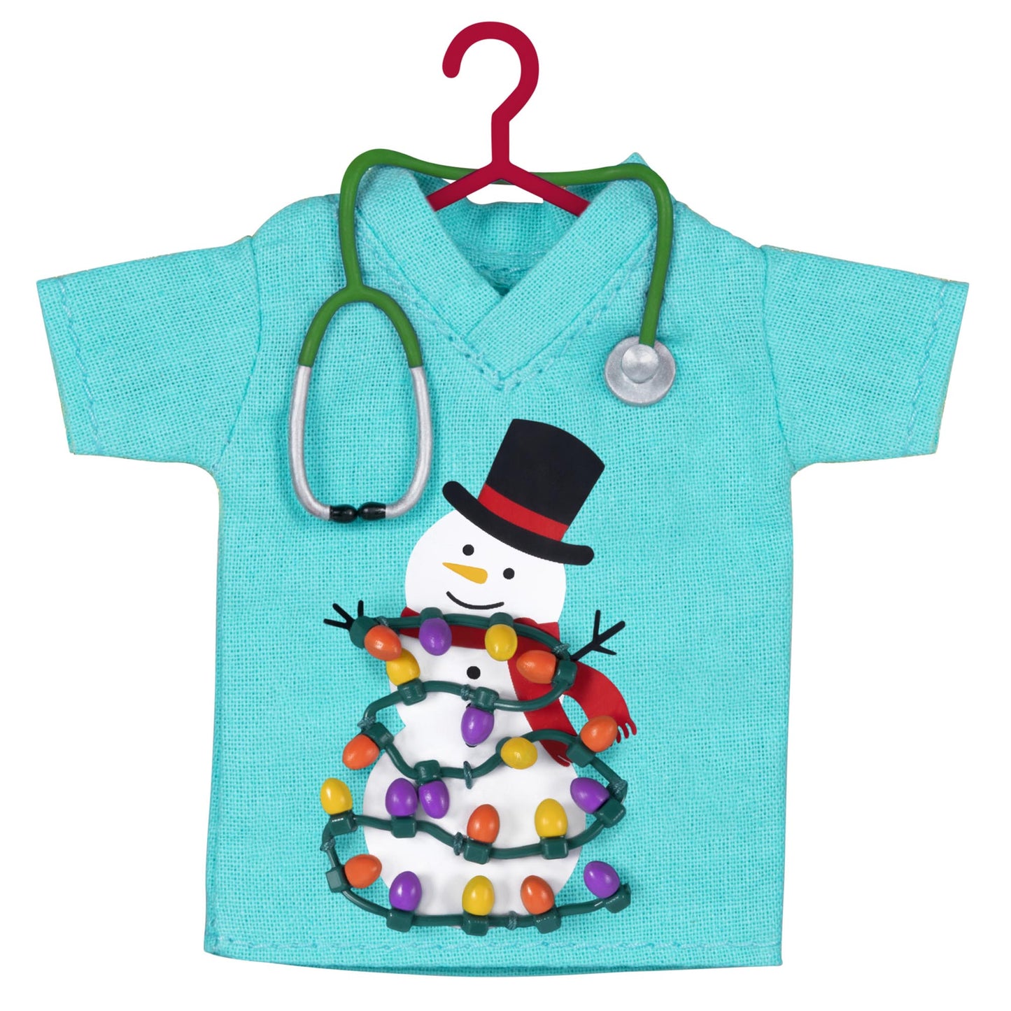 The Caring Spirit, Nurses — 2025 Hallmark Keepsake Christmas Ornament, teal scrubs shirt with stethoscope and snowman detail, flat lay