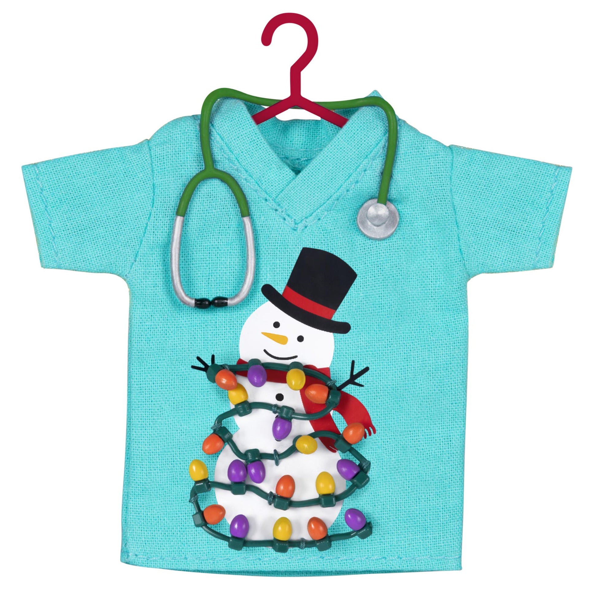 The Caring Spirit, Nurses — 2025 Hallmark Keepsake Christmas Ornament, teal scrubs shirt with stethoscope and snowman detail, flat lay