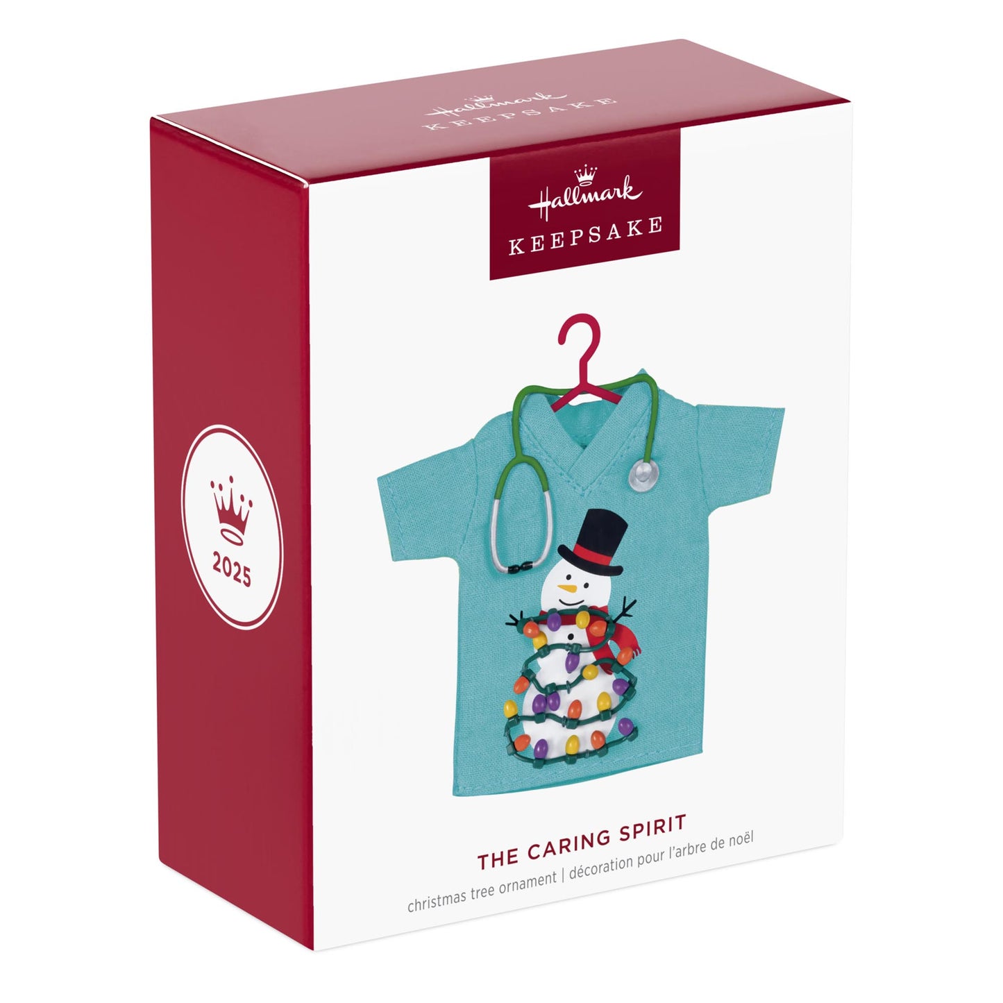 The Caring Spirit, Nurses — 2025 Hallmark Keepsake Christmas Ornament box featuring teal scrubs and snowman design with Christmas lights.