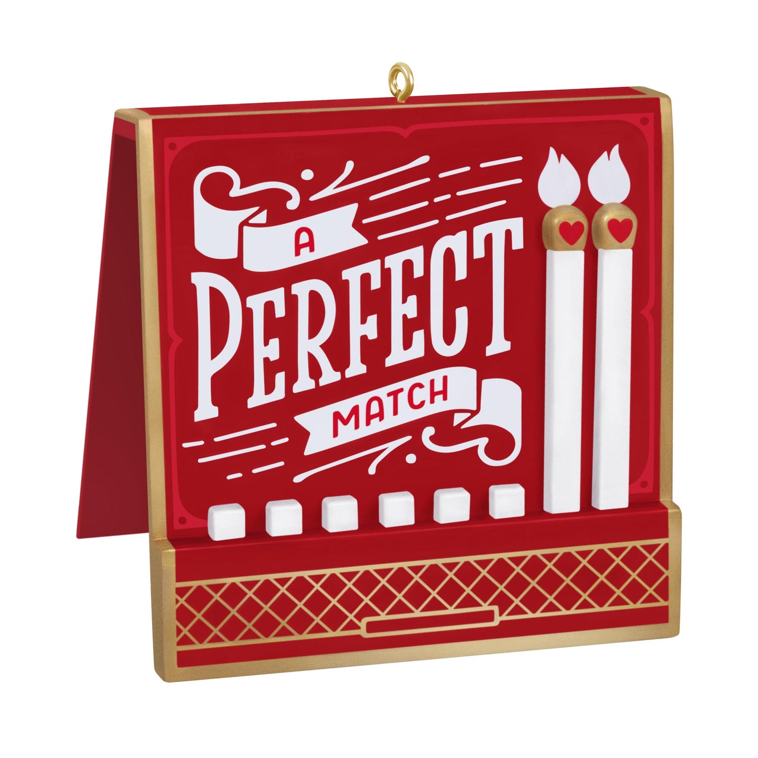 A Perfect Match — 2025 Hallmark Keepsake Christmas Ornament featuring a red matchbook design with white matches and heart accents.