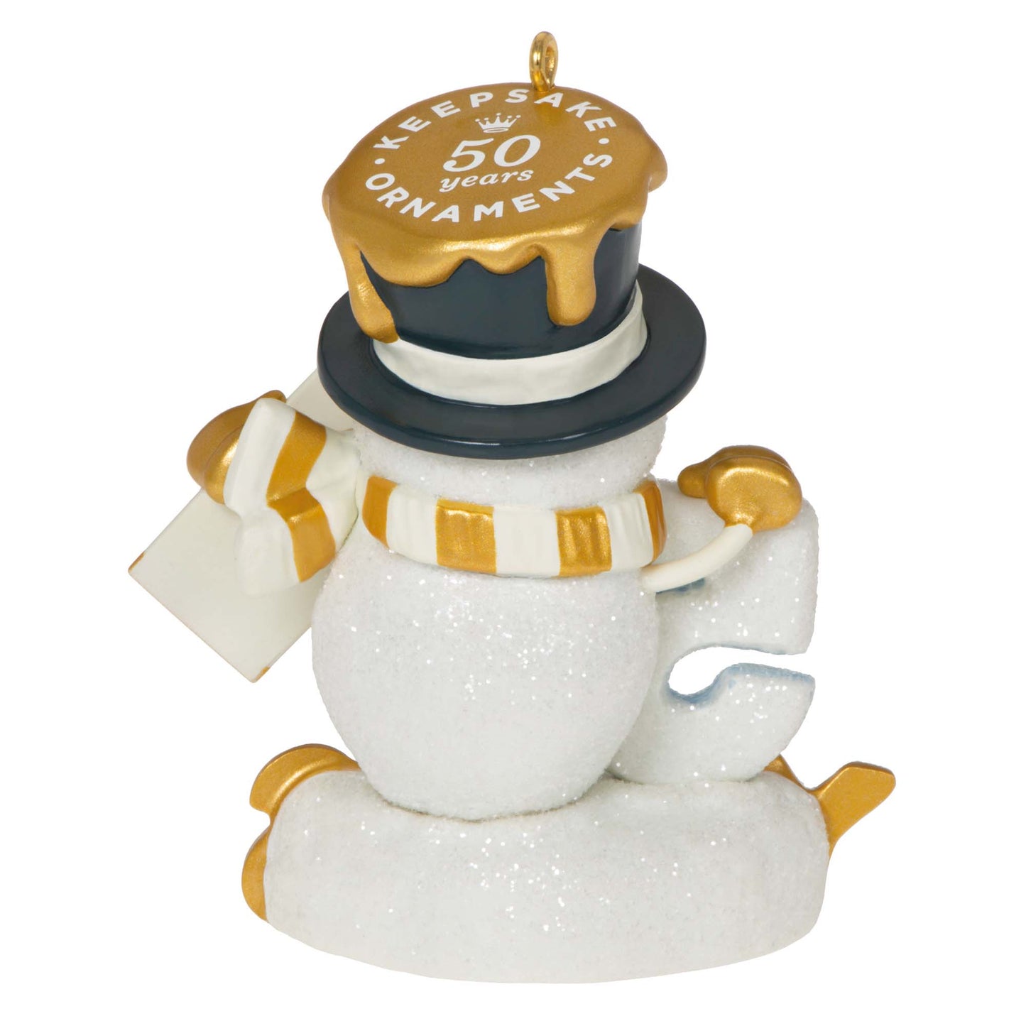 50 Sweet Years, Special Edition — Hallmark Keepsake Christmas Ornament featuring a glittery snowman wearing gold accents, angled view.