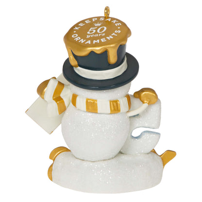 50 Sweet Years, Special Edition — Hallmark Keepsake Christmas Ornament featuring a glittery snowman wearing gold accents, angled view.