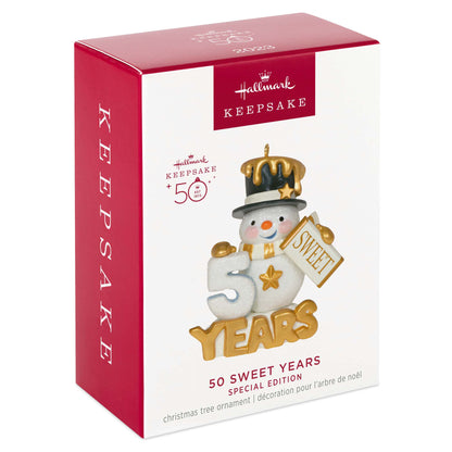 50 Sweet Years, Special Edition — Hallmark Keepsake Christmas Ornament in packaging, featuring glittery snowman and gold details.
