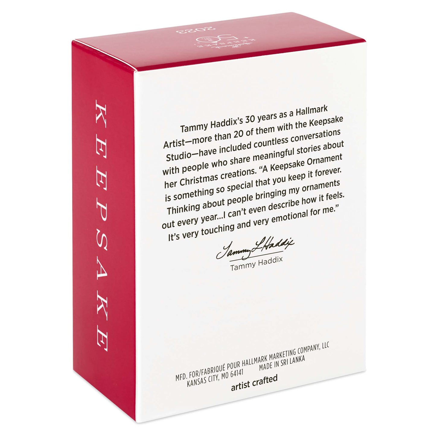 50 Sweet Years, Special Edition — Hallmark Keepsake Christmas Ornament packaging box featuring Tammy Haddix's artist statement and red design.