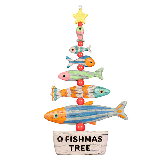 O Fishmas Tree — Hallmark Keepsake Christmas ornament featuring colourful fish with a yellow star and wooden stand, close-up view.