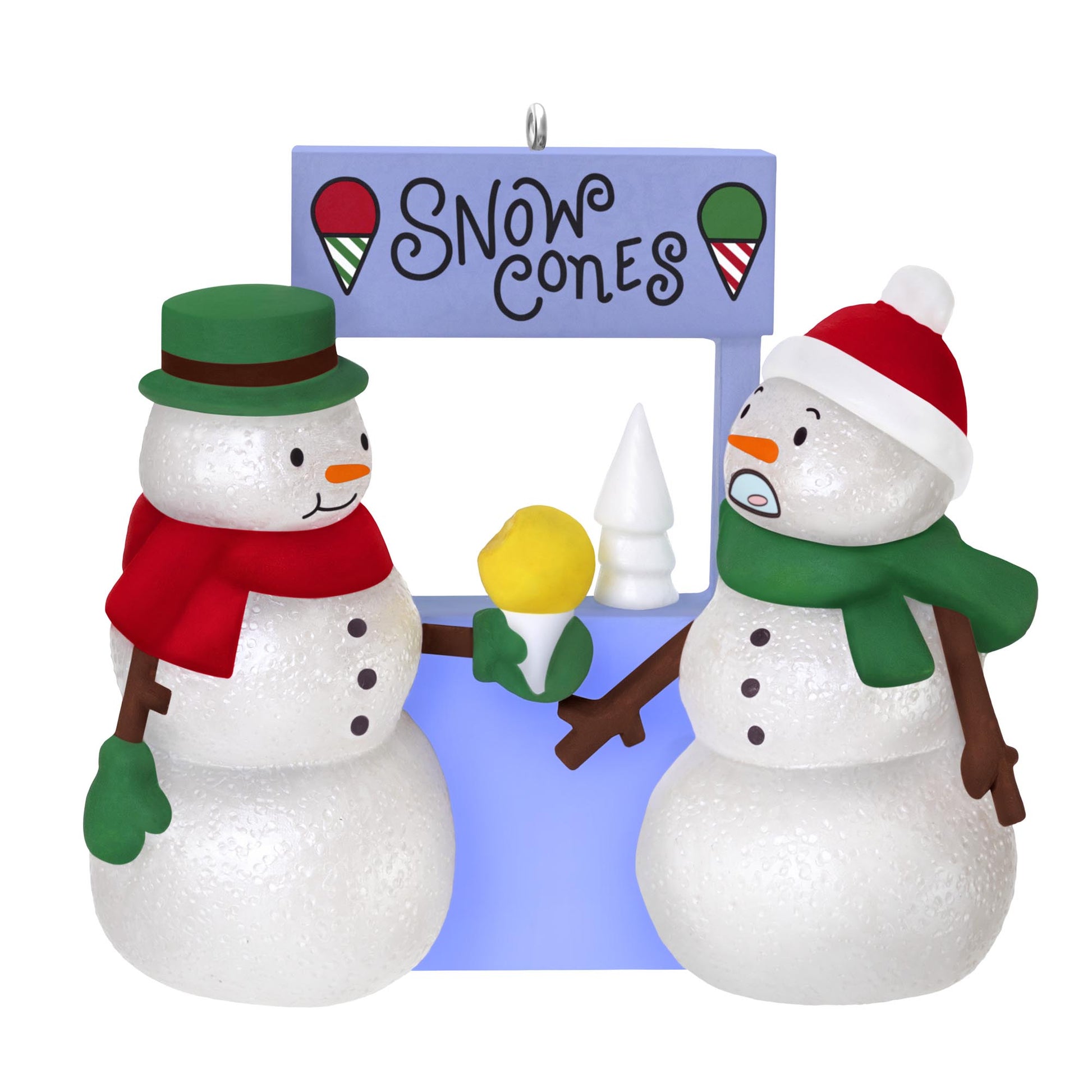 A Snowy Surprise — 2025 Hallmark Keepsake Christmas Ornament featuring snowmen at a snow cone stand with surprised expressions.