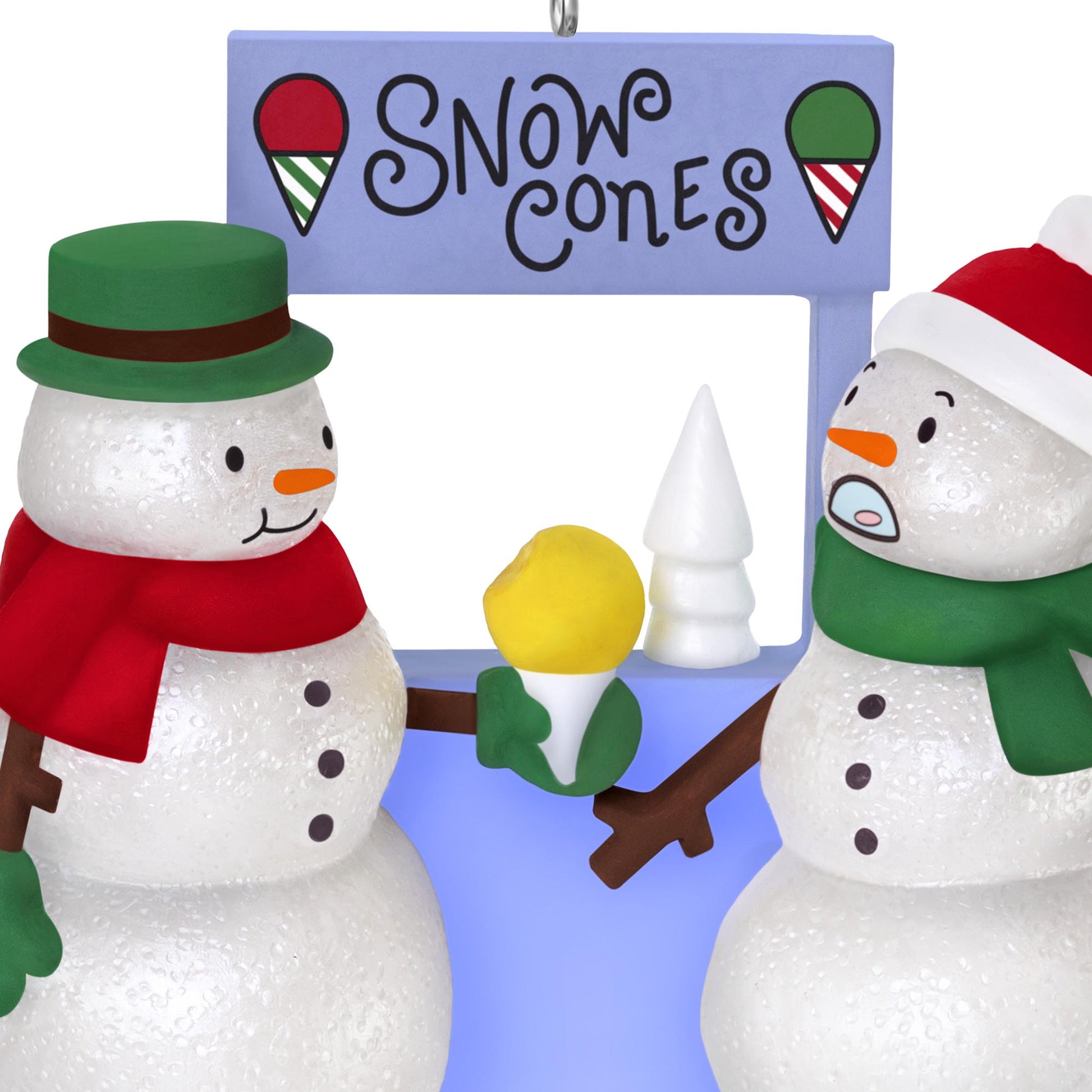 A Snowy Surprise — 2025 Hallmark Keepsake Christmas Ornament featuring two snowmen at a snow cone stand, one in surprise, holding a yellow snow cone.