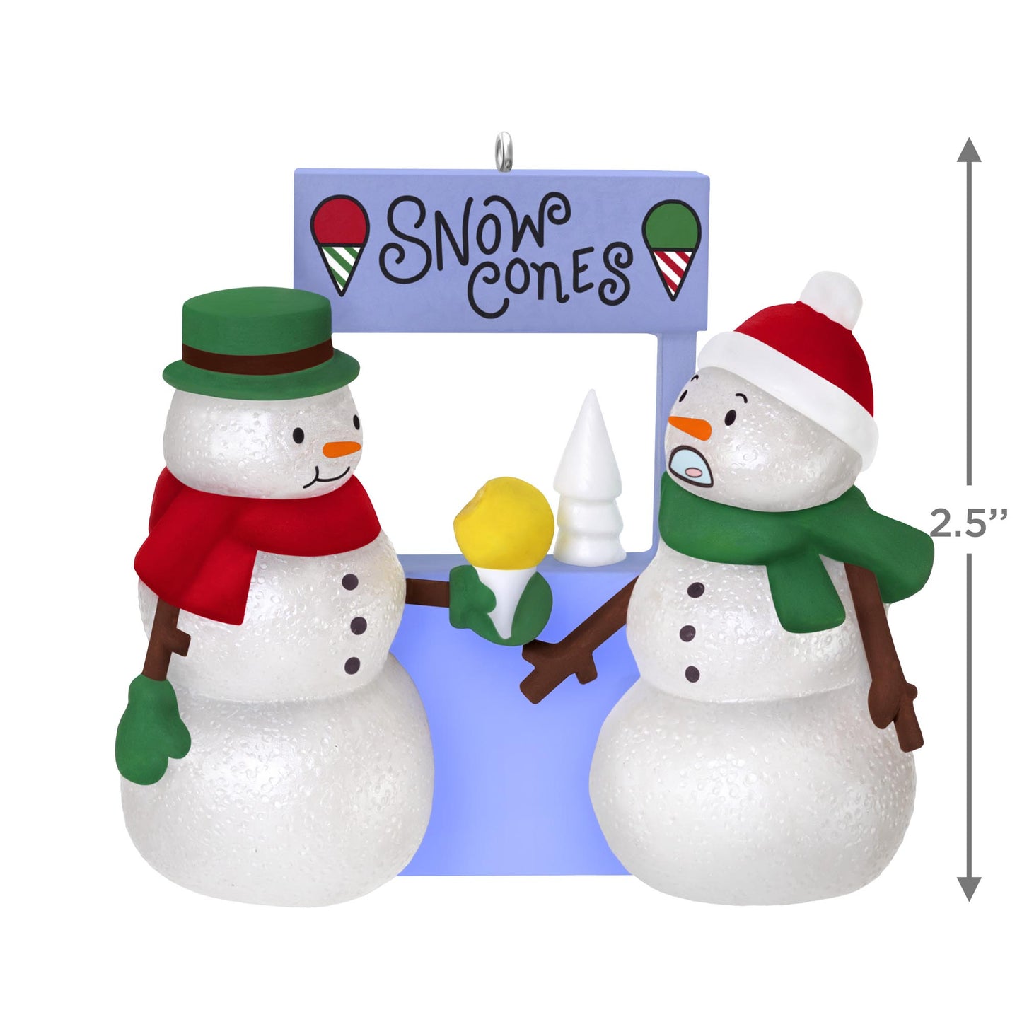 A Snowy Surprise — 2025 Hallmark Keepsake Christmas Ornament featuring two snowmen holding a yellow snow cone, against a blue background.
