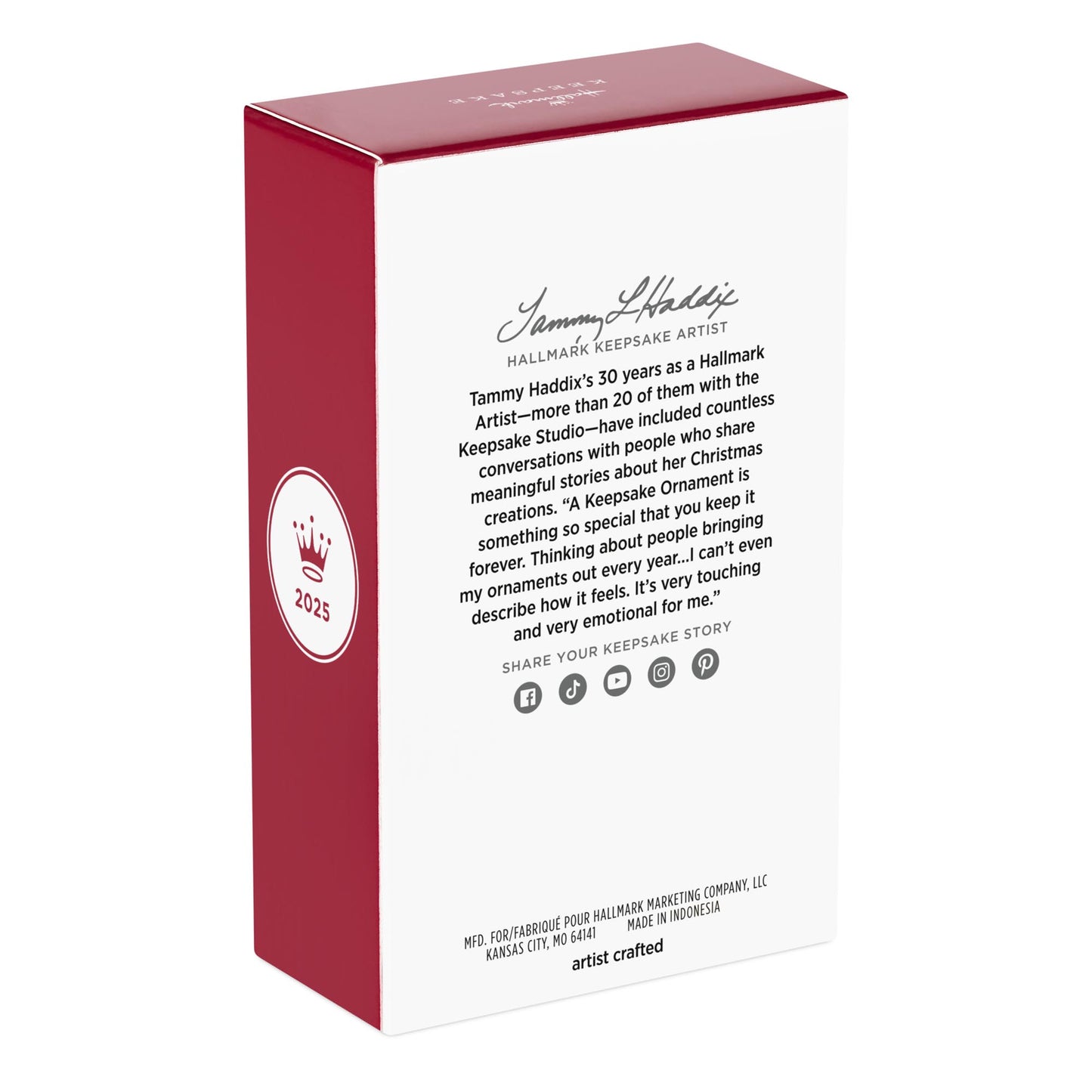 A Snowy Surprise — 2025 Hallmark Keepsake Christmas Ornament package back view, featuring artist bio and details in red and white design.