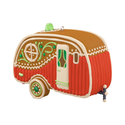 Happy Haul-idays — Hallmark Keepsake Christmas Ornament featuring a gingerbread teardrop trailer with colourful icing detail.