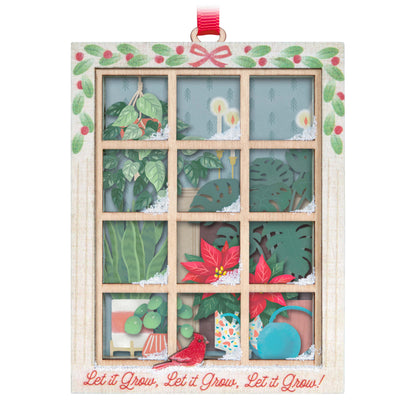 Let It Grow! Papercraft — Hallmark Keepsake Christmas Ornament, wooden frame, colourful plants, and festive decorations.