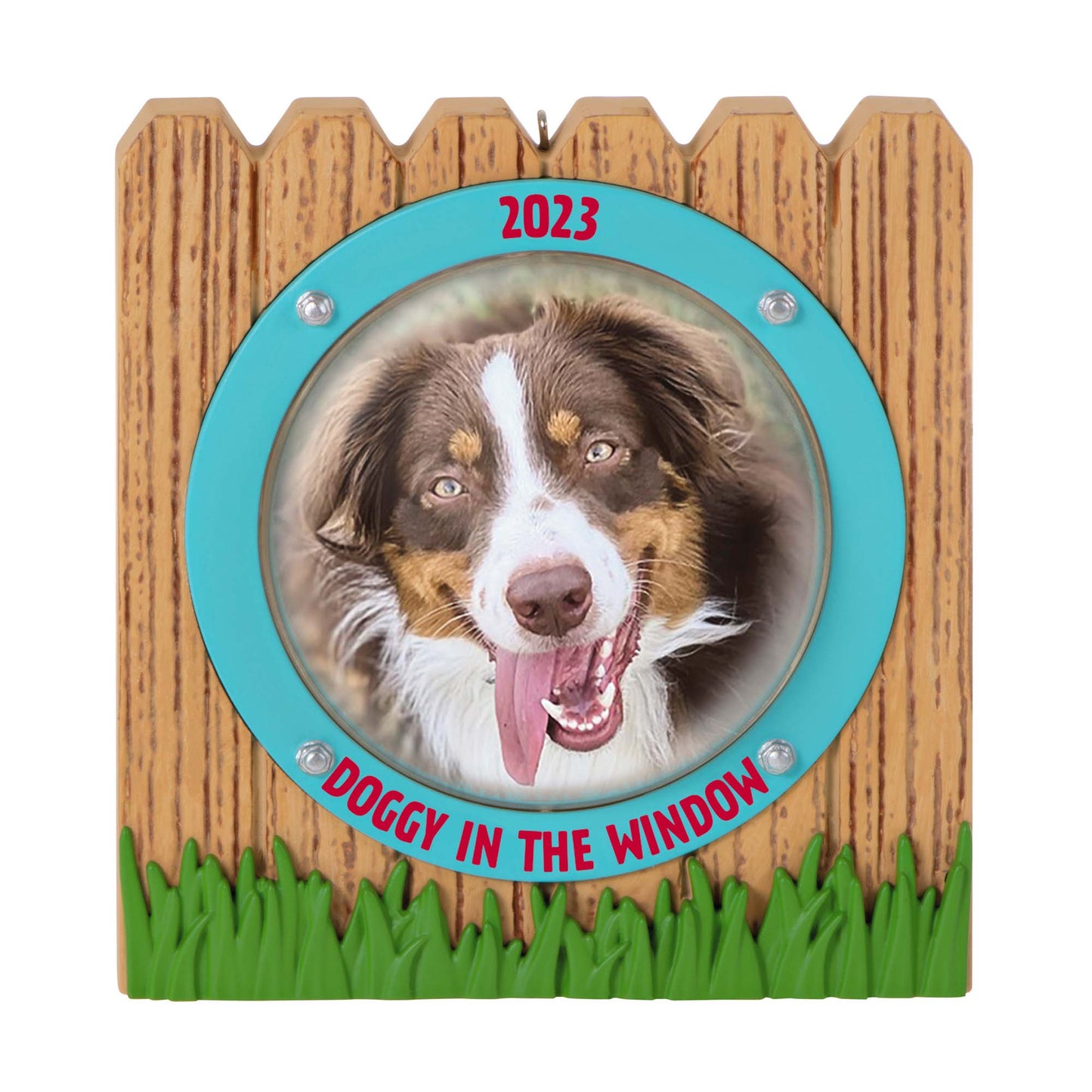Doggy in the Window Photo Frame — Hallmark Keepsake Christmas Ornament, fence-shaped design featuring a joyful dog, 2023 dated.
