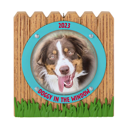 Doggy in the Window Photo Frame — Hallmark Keepsake Christmas Ornament, fence-shaped design featuring a joyful dog, 2023 dated.