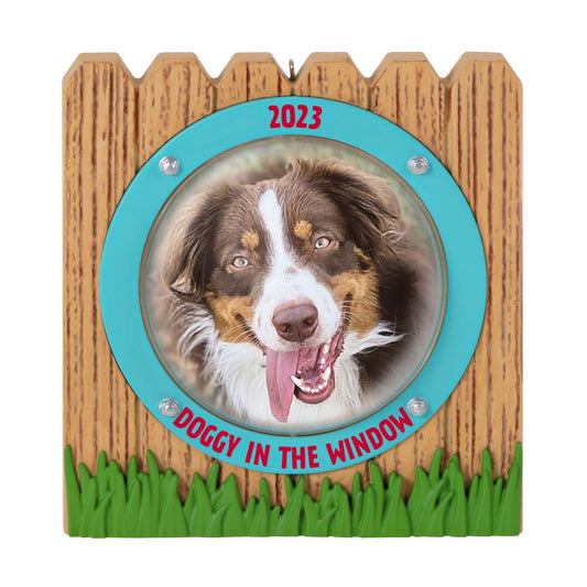 Doggy in the Window Photo Frame — Hallmark Keepsake Christmas Ornament, fence-shaped design featuring a joyful dog, 2023 dated.