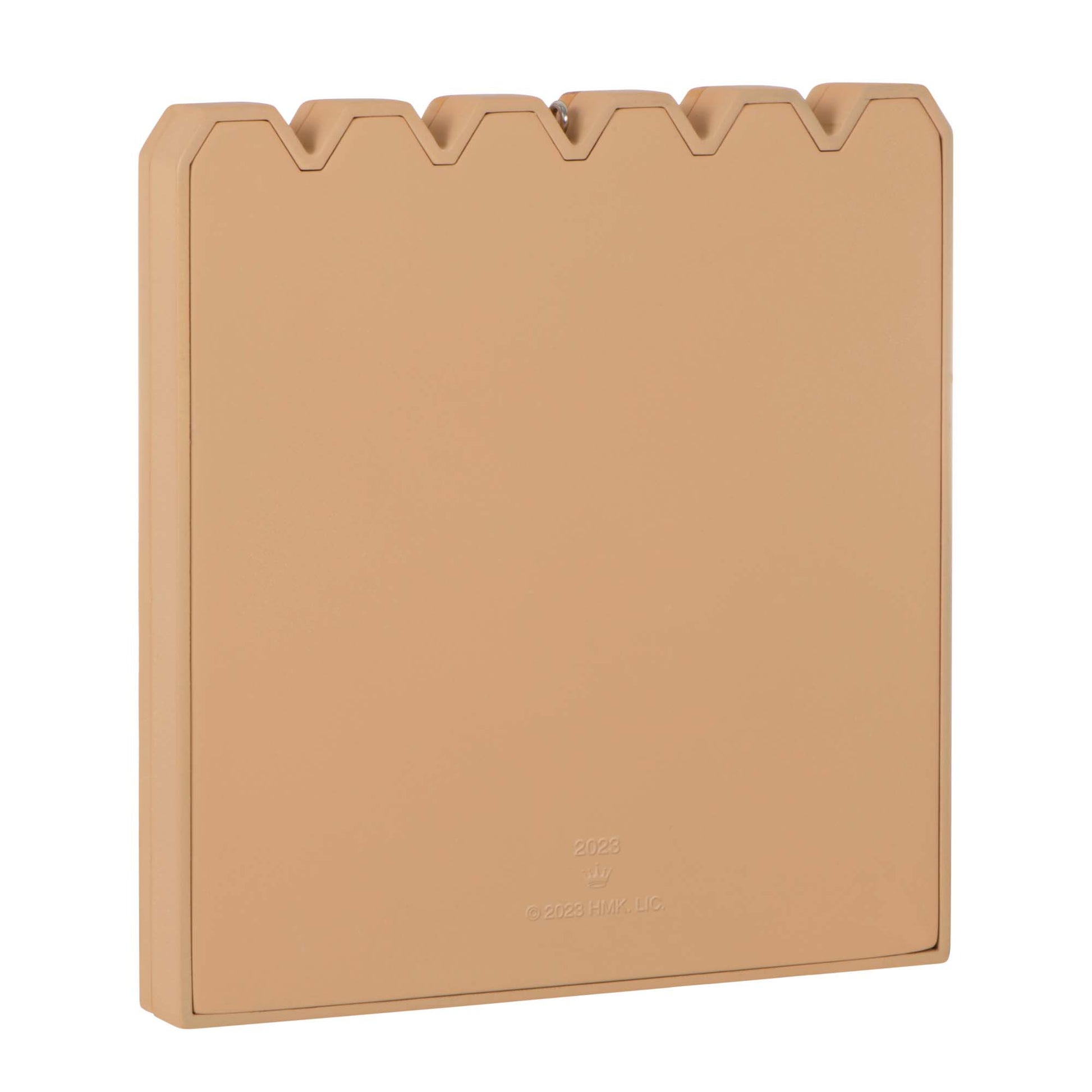 Doggy in the Window Photo Frame — Hallmark Keepsake Christmas Ornament, beige colour with fence-shaped design, flat lay perspective.