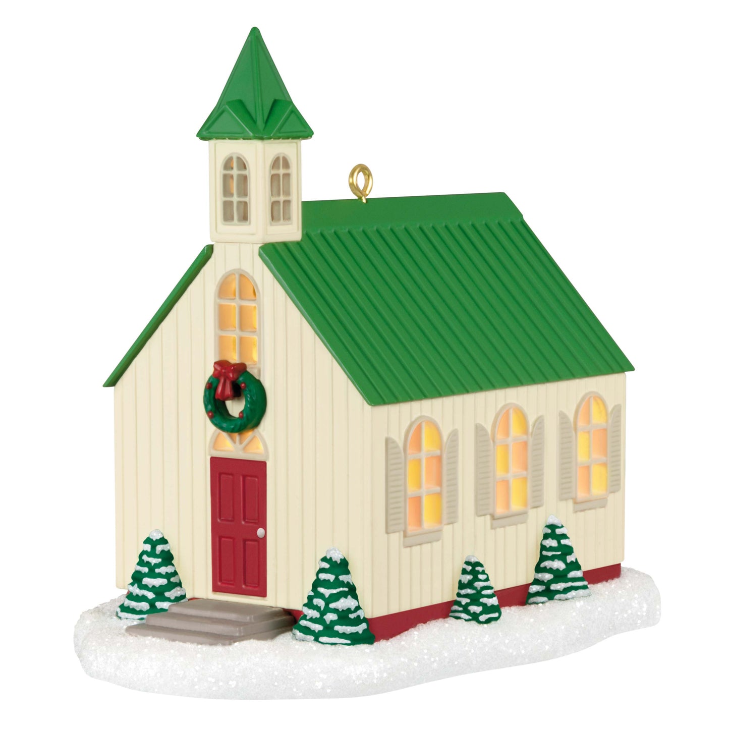 The Light of Hope — Hallmark Keepsake Christmas Ornament, charming church design with a red door and green roof, snow-dusted base.
