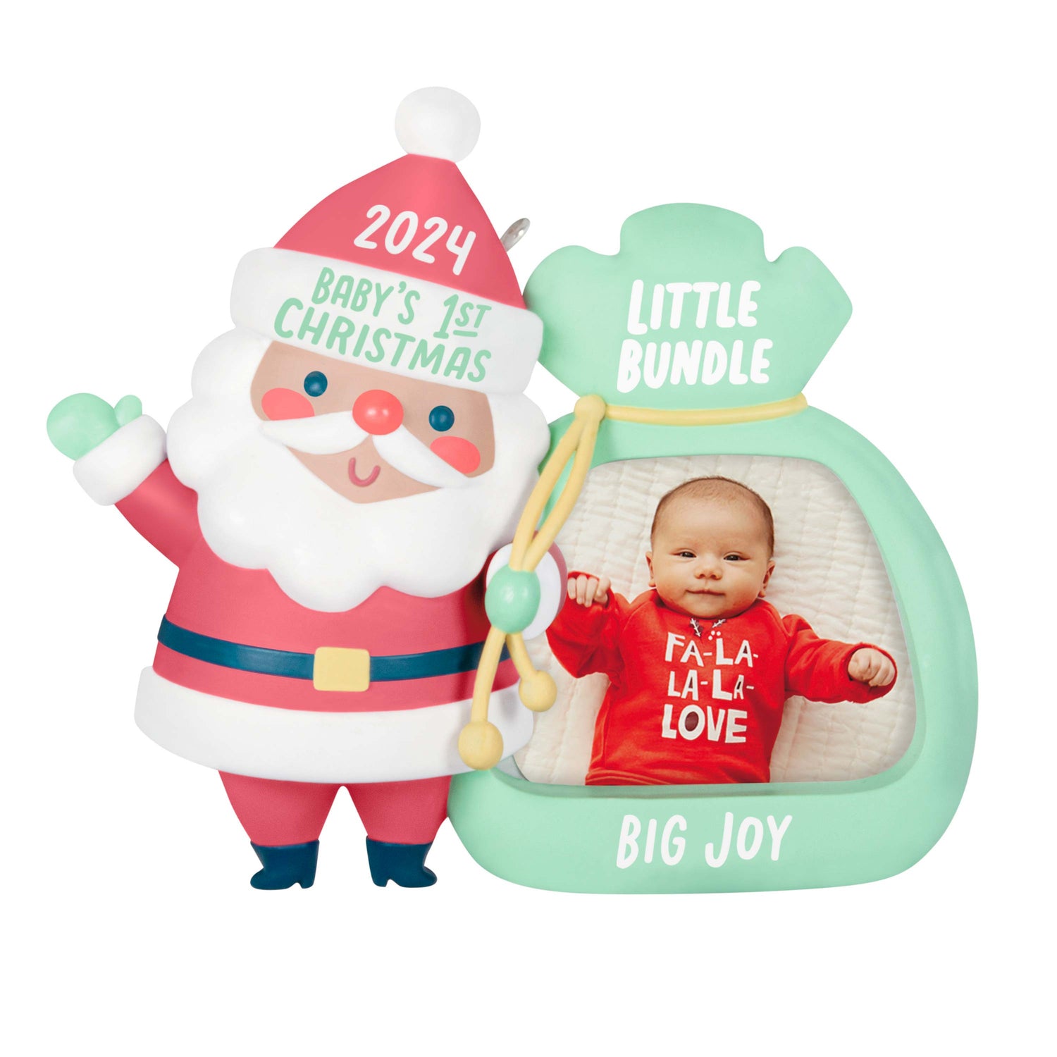 Little Bundle Big Joy Photo Frame — Hallmark Keepsake Christmas Ornament with Santa, 2024 date, and baby photo display.