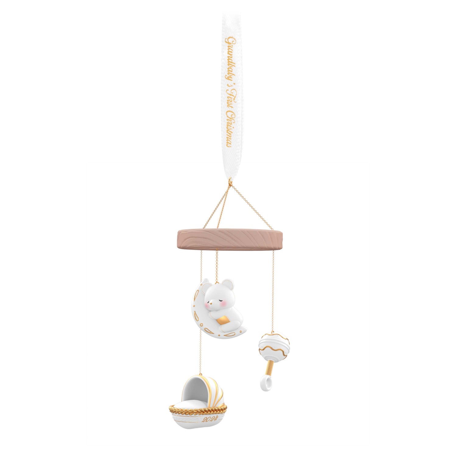 Grandbaby's First Christmas (Porcelain) — Hallmark Keepsake Christmas Ornament featuring a porcelain baby mobile with gold accents, hanging view.