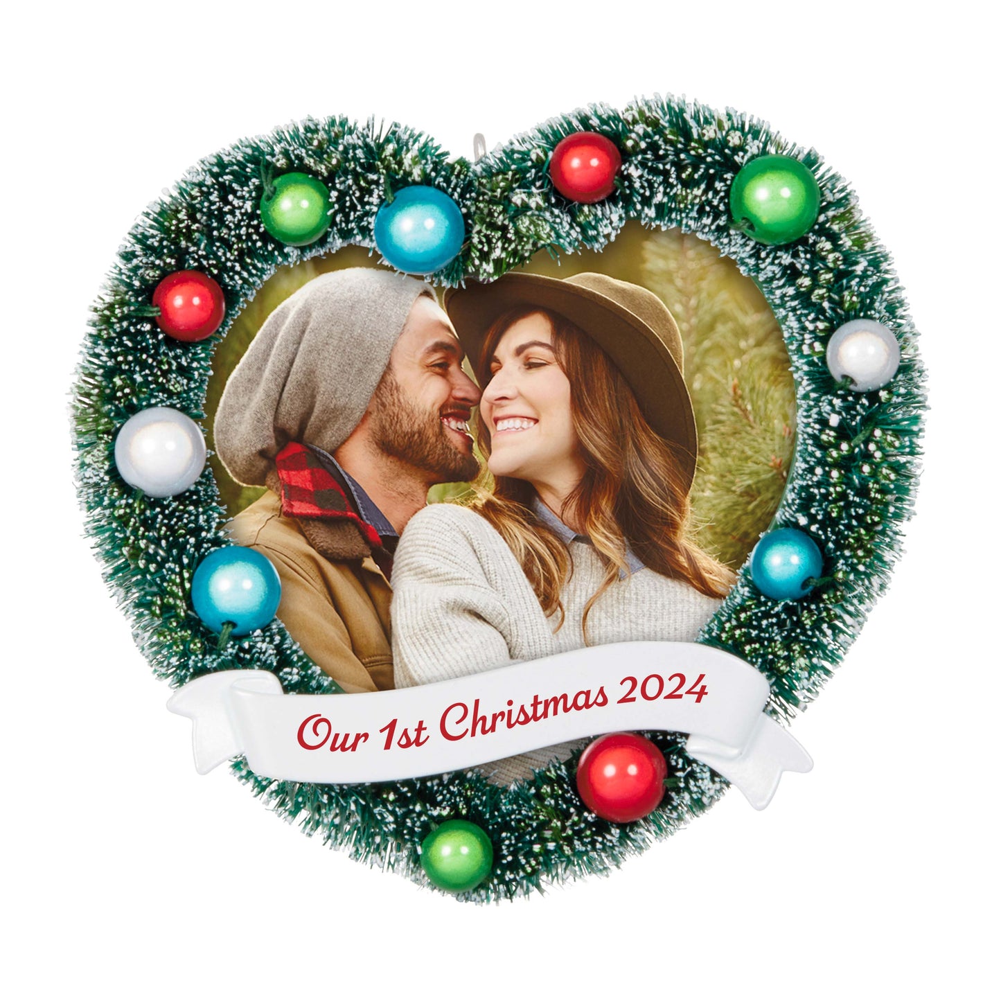 Our 1st Christmas Photo Frame — Hallmark Keepsake Christmas Ornament in heart shape with frosted wreath and colourful ornaments, showcasing a couple