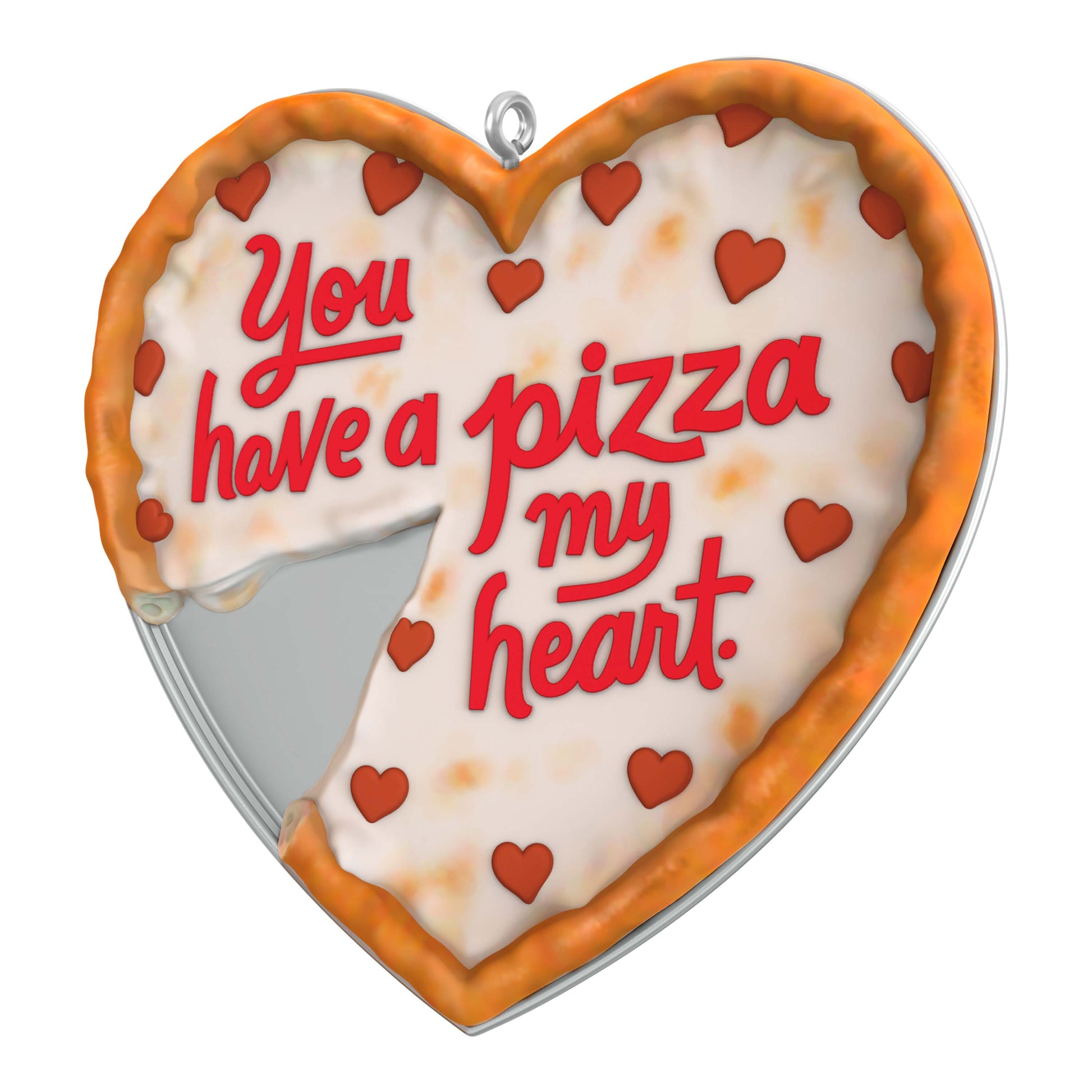 Pizza My Heart — Hallmark Keepsake Ornament, heart-shaped design with red lettering and heart-shaped pepperonis, angled view