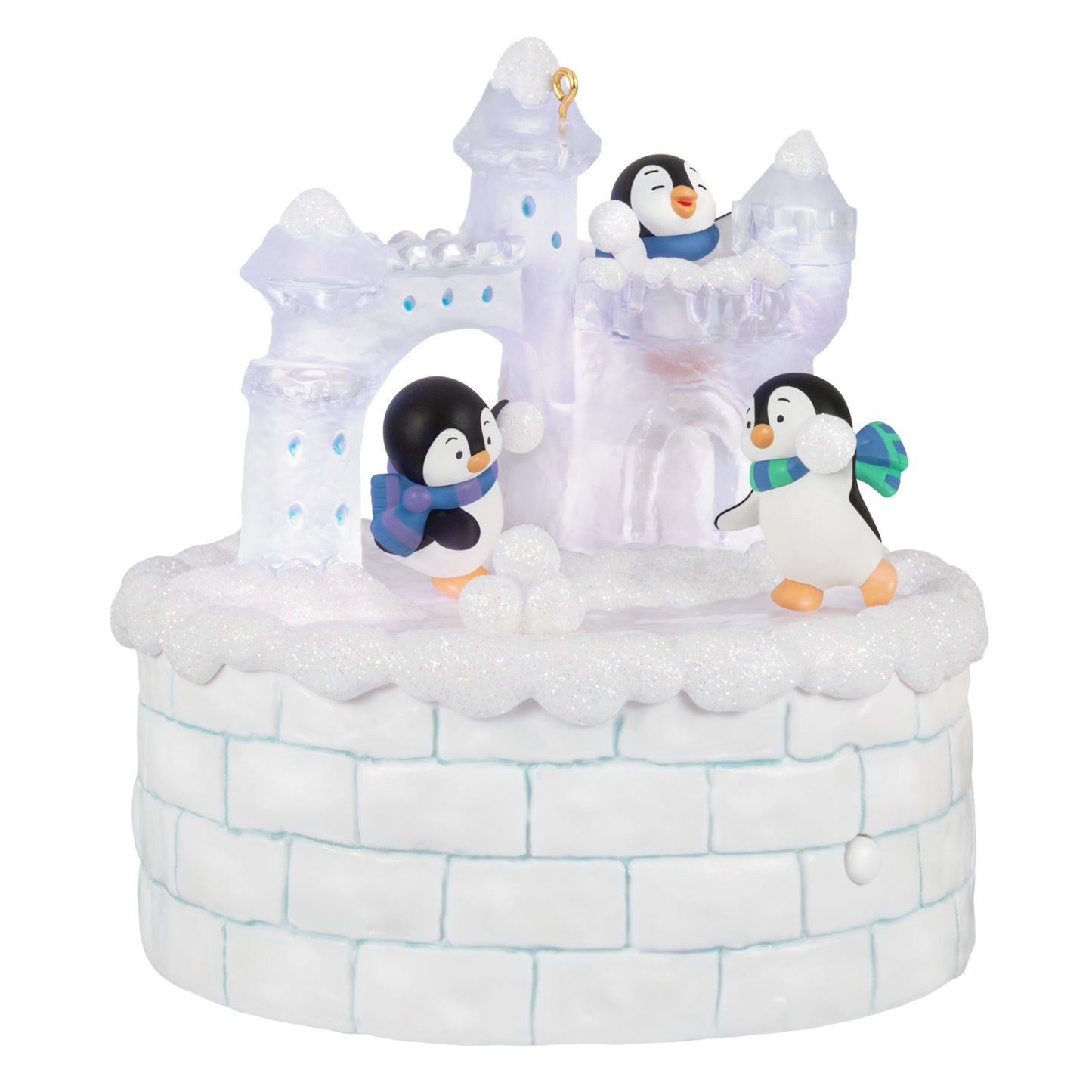 Snowball Fun Musical With Light and Motion — 2026 Hallmark Keepsake Christmas Ornament featuring playful penguins with an ice castle backdrop and snowballs.