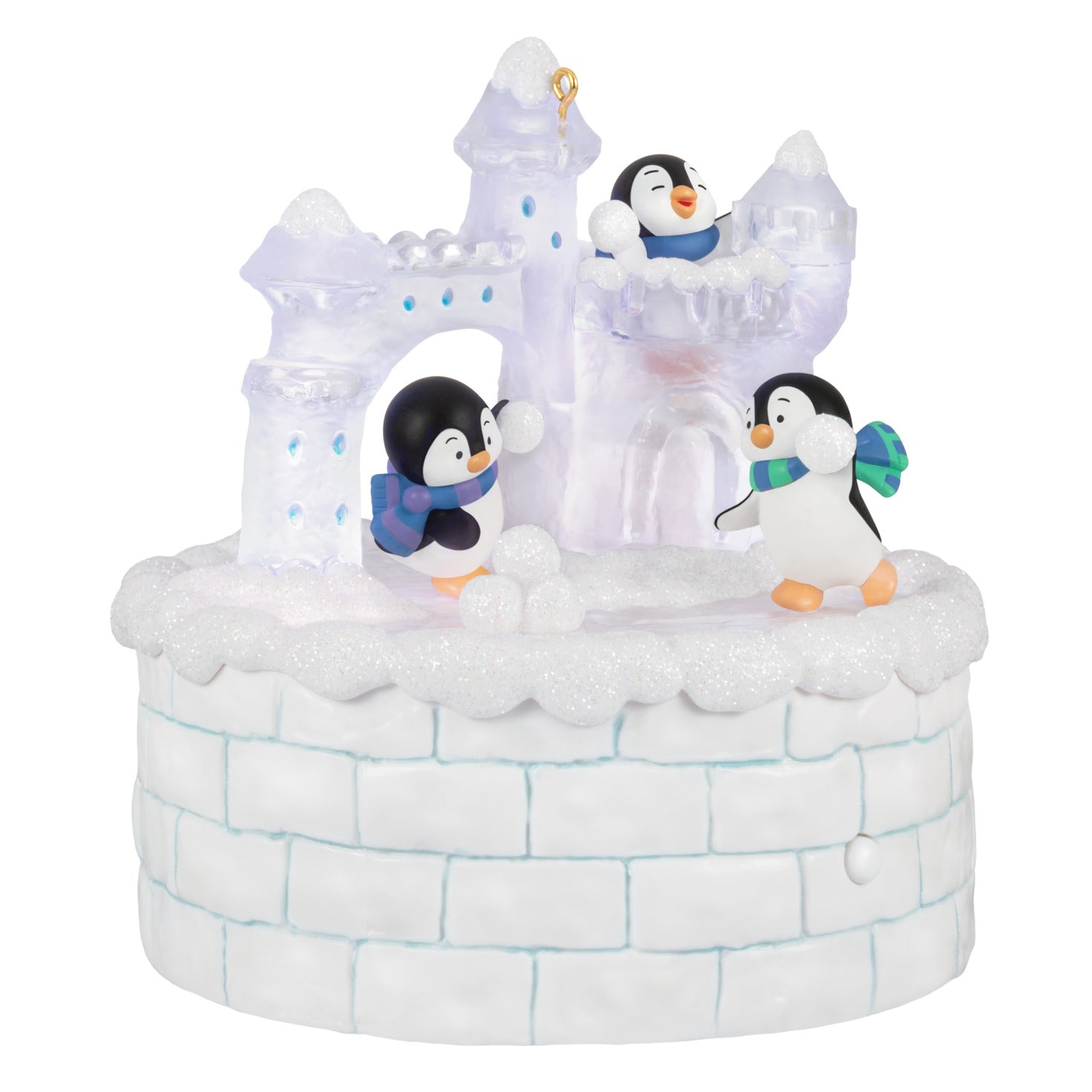 Snowball Fun Musical With Light and Motion — 2026 Hallmark Keepsake Christmas Ornament featuring playful penguins with an ice castle backdrop and snowballs.