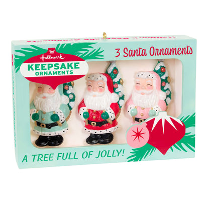 Nifty Fifties — Hallmark Keepsake Christmas Ornament featuring three vintage Santa ornaments in retro packaging.