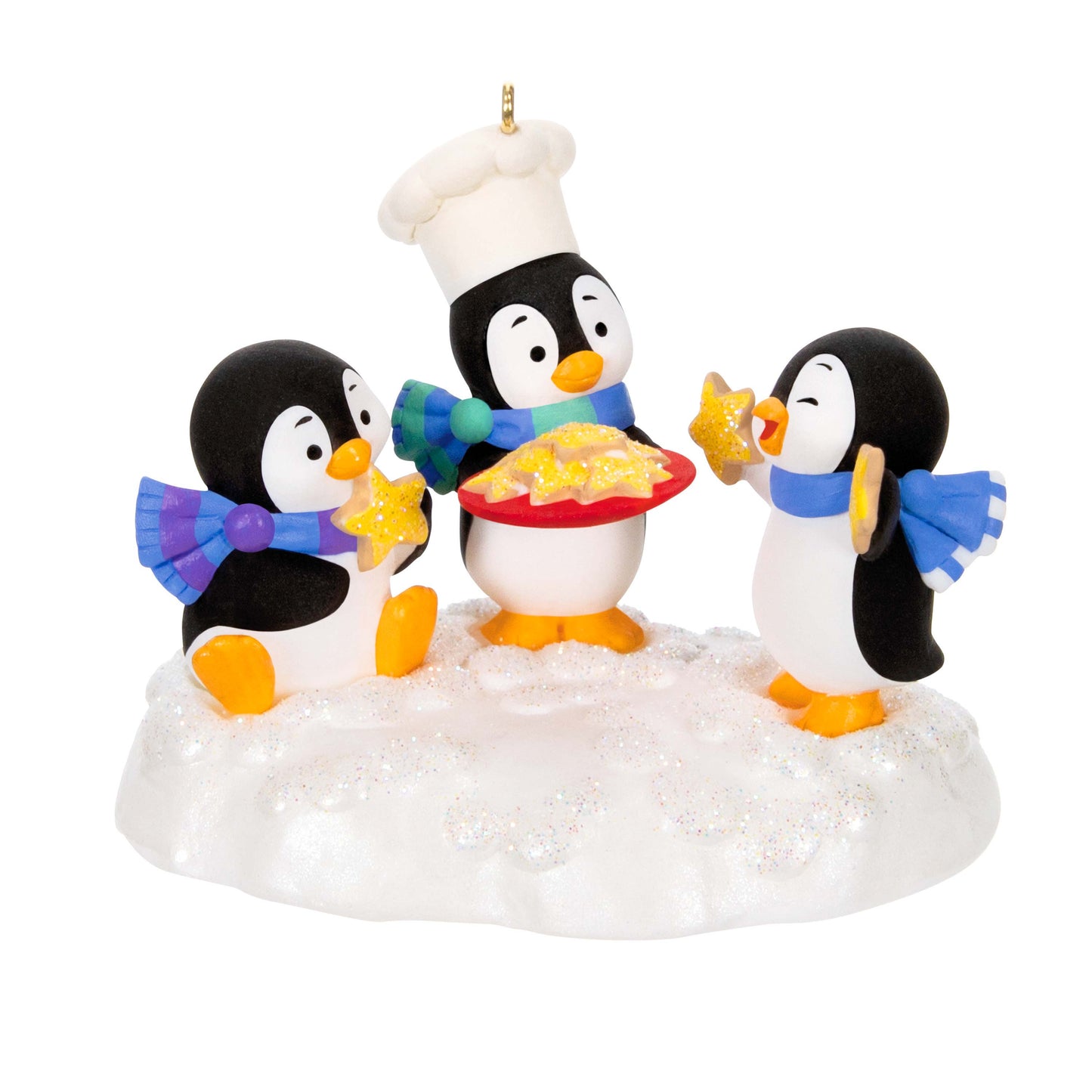 Cookie Exchange — Hallmark Keepsake Christmas Ornament, playful penguins baking on snowy base with festive scarves and chef hat.