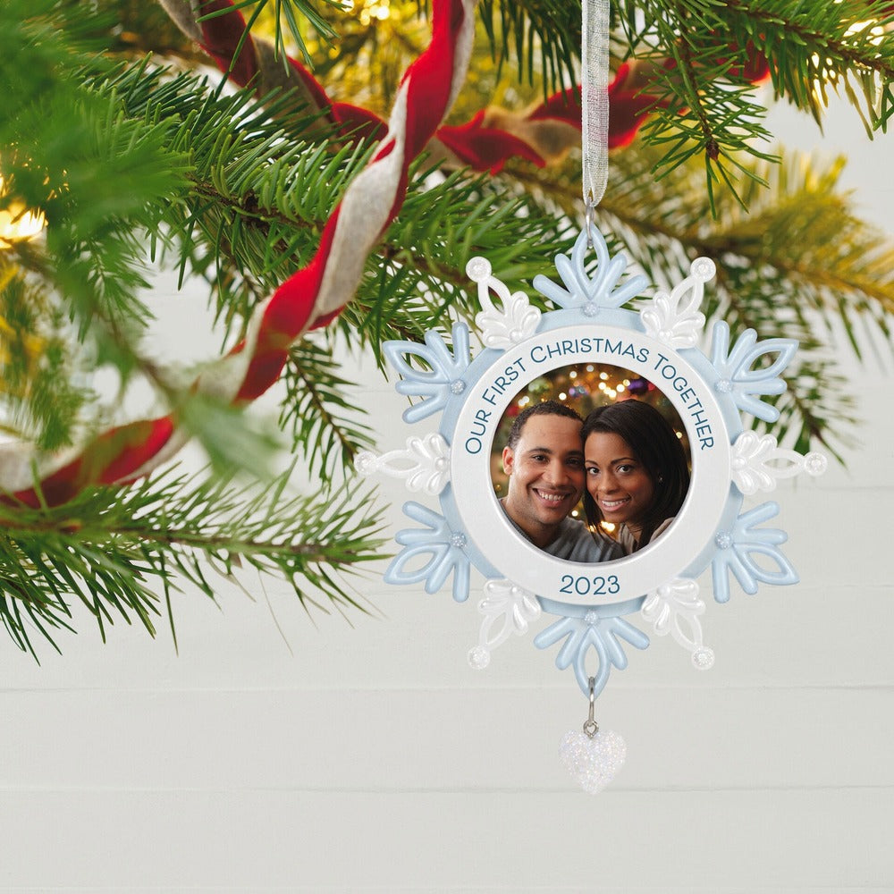 Our First Christmas Together Snowflake Photo Frame — Hallmark Keepsake Christmas Ornament, hanging on a tree with a smiling couple, 2023.