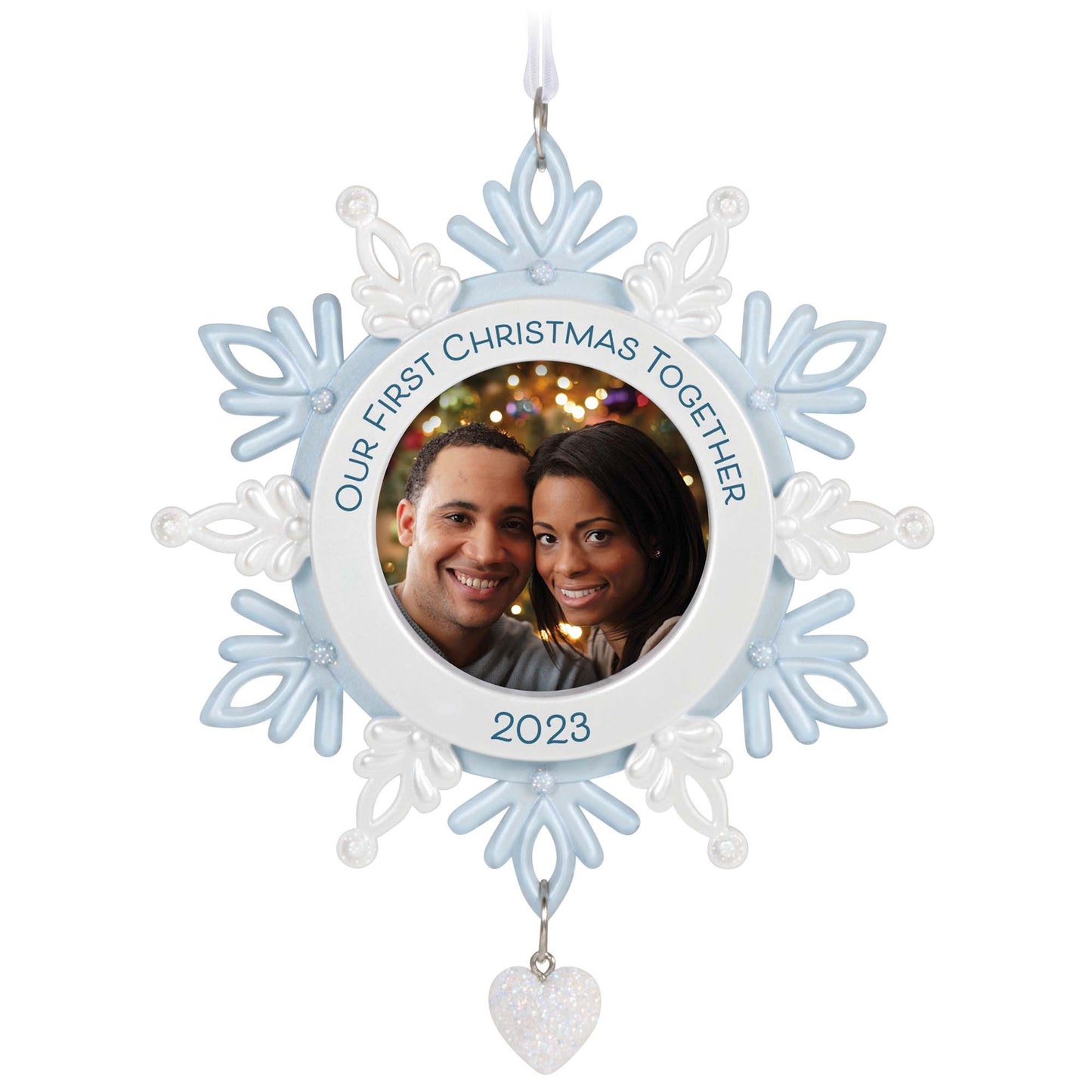 Our First Christmas Together Snowflake Photo Frame — Hallmark Keepsake Christmas Ornament featuring blue snowflake design with photo holder and glittering heart detail.