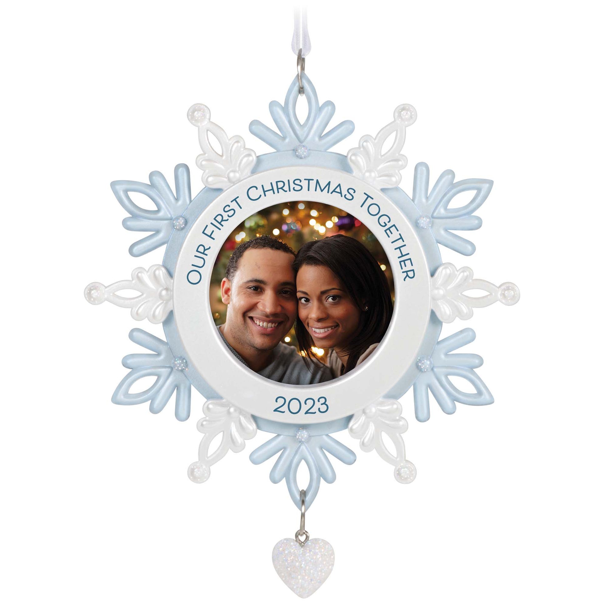Our First Christmas Together Snowflake Photo Frame — Hallmark Keepsake Christmas Ornament featuring blue snowflake design with photo holder and glittering heart detail.