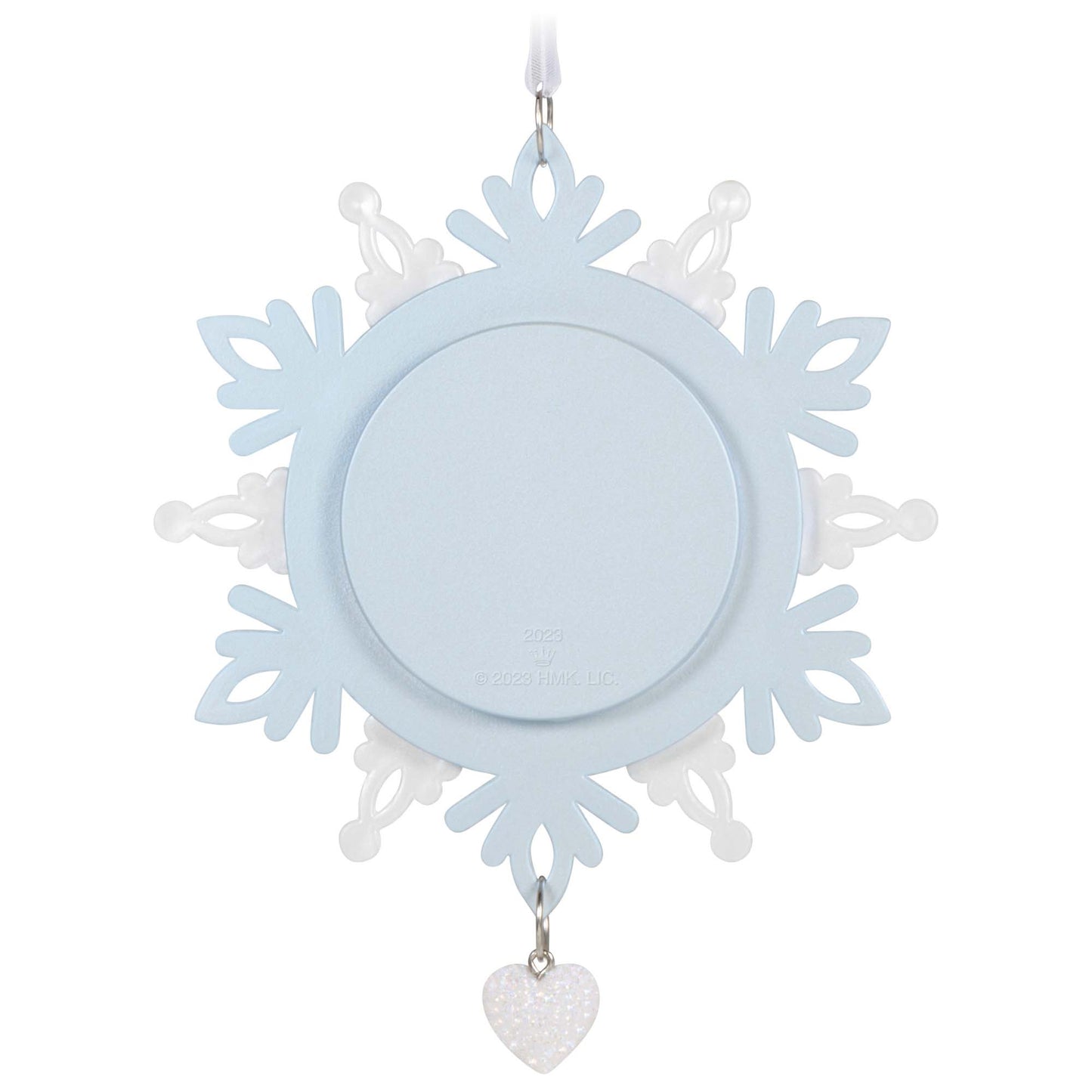 Our First Christmas Together Snowflake Photo Frame — Hallmark Keepsake Christmas Ornament, light blue snowflake design with clear accents and a heart charm.